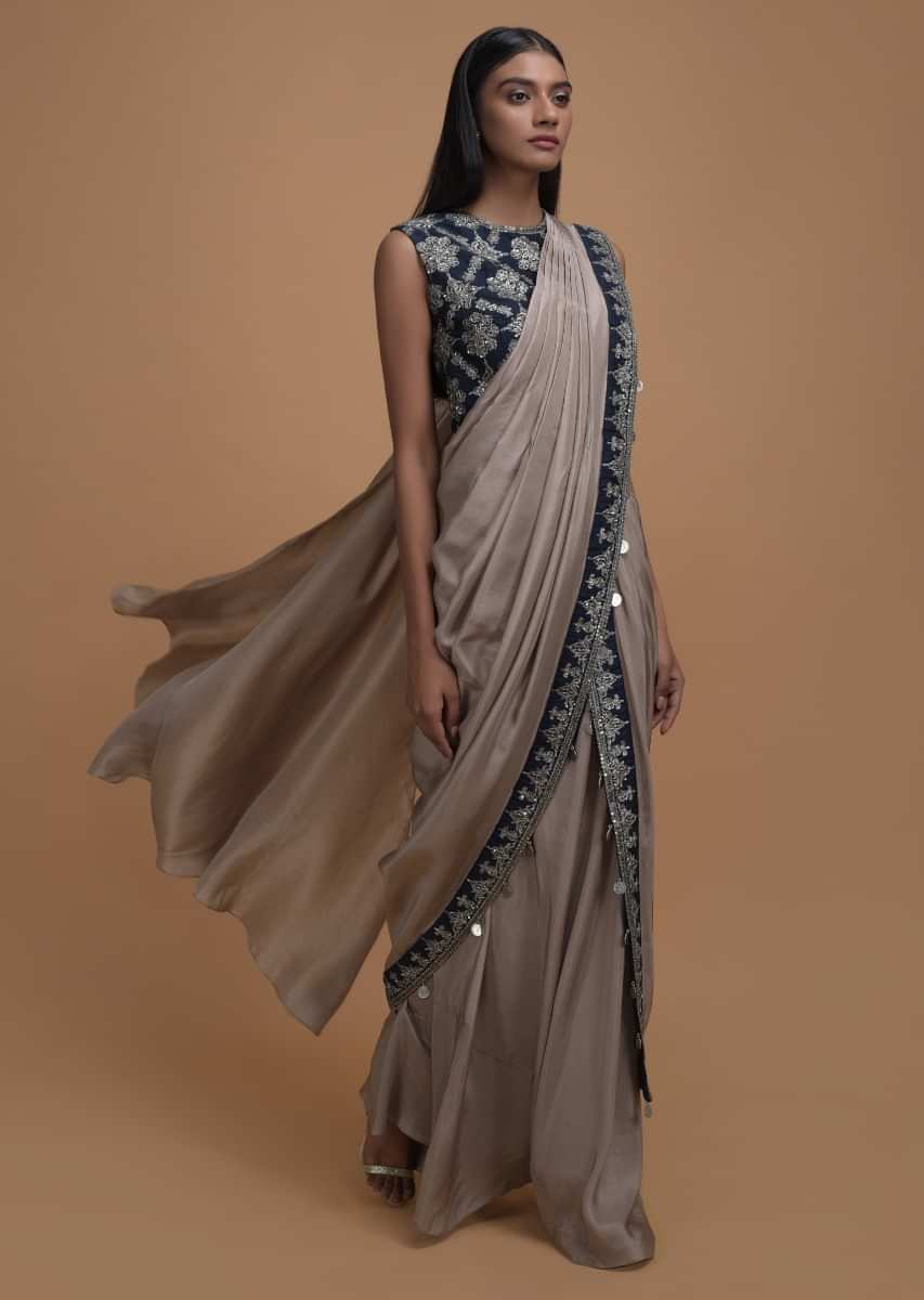Buy Rhino Grey Ready Pleated Saree In Satin Crepe With Jaal Embroidered ...