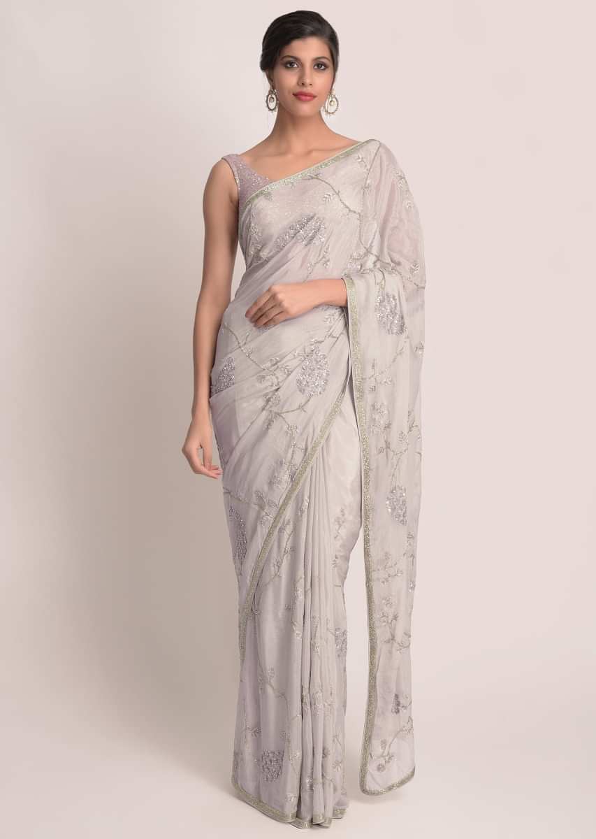 Rhino Grey Saree In Shimmer Georgette With Floral Pattern In Paisley Motifs  Online - Kalki Fashion