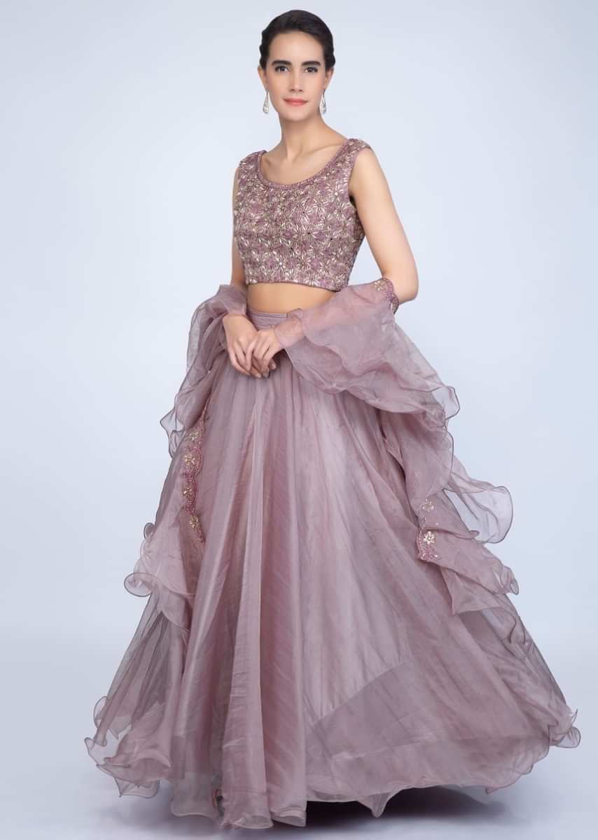 Rich Mauve Lehenga In Organza With Embroidered Blouse And Ruffled Dupatta Online - Kalki Fashion