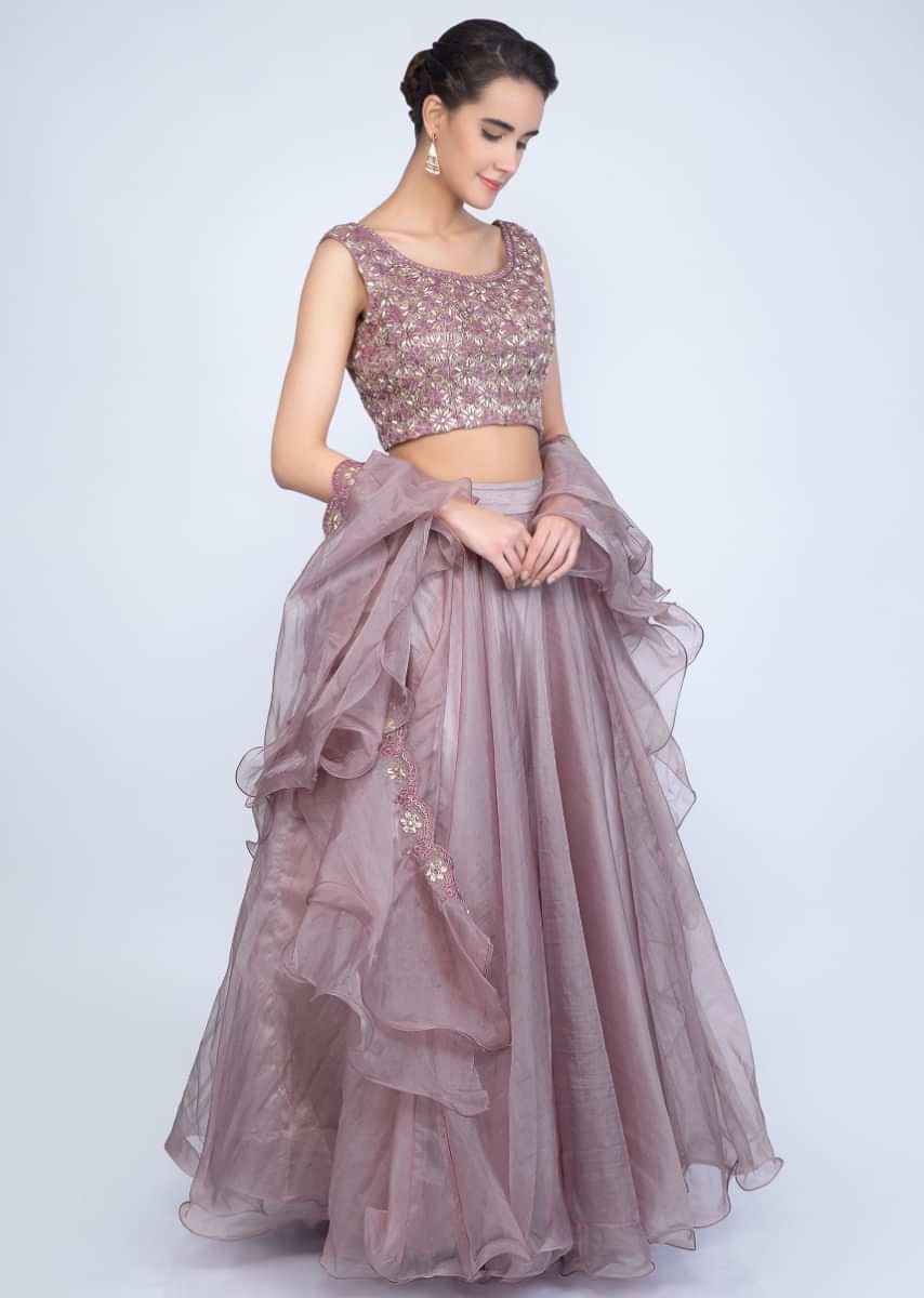 Rich Mauve Lehenga In Organza With Embroidered Blouse And Ruffled Dupatta Online - Kalki Fashion