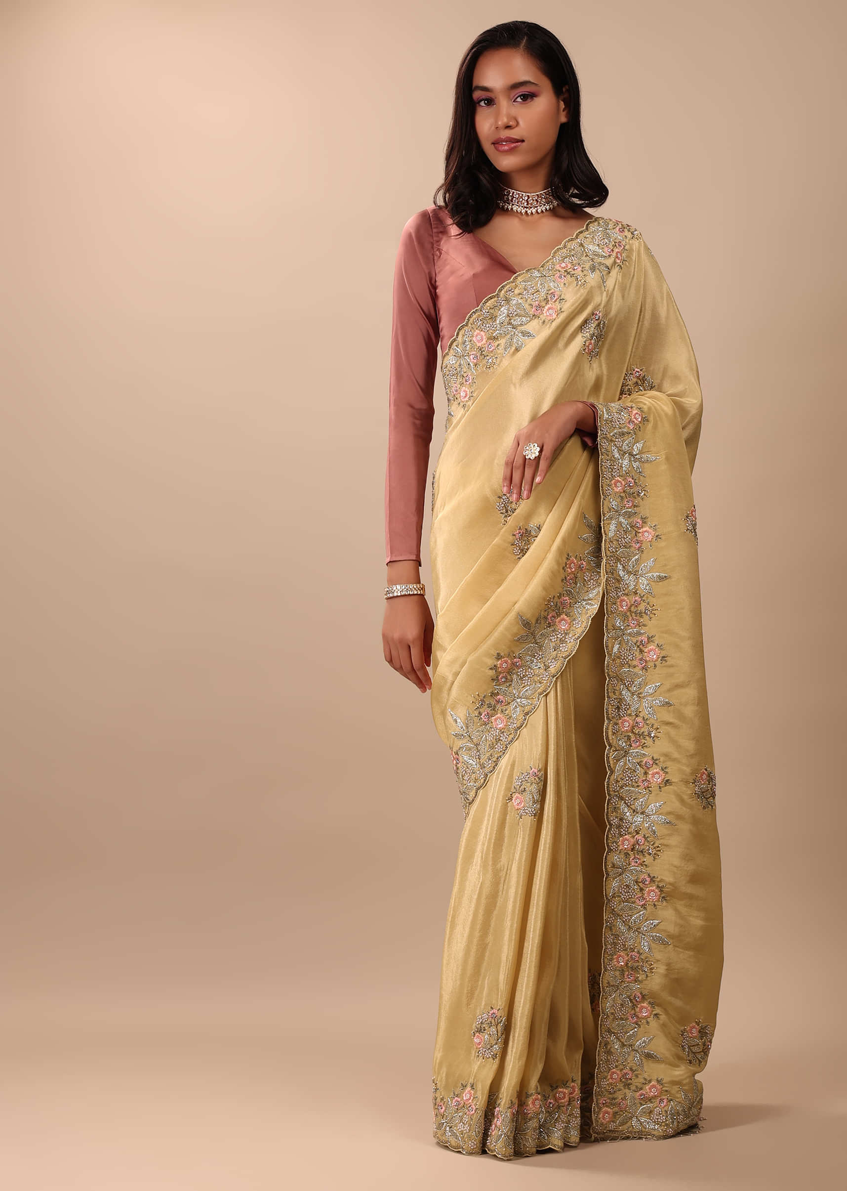 Rich Gold Yellow Saree In Glass Tissue Fabric And Gotta Resham Embroidery With Zardosi, Moti & Sequins