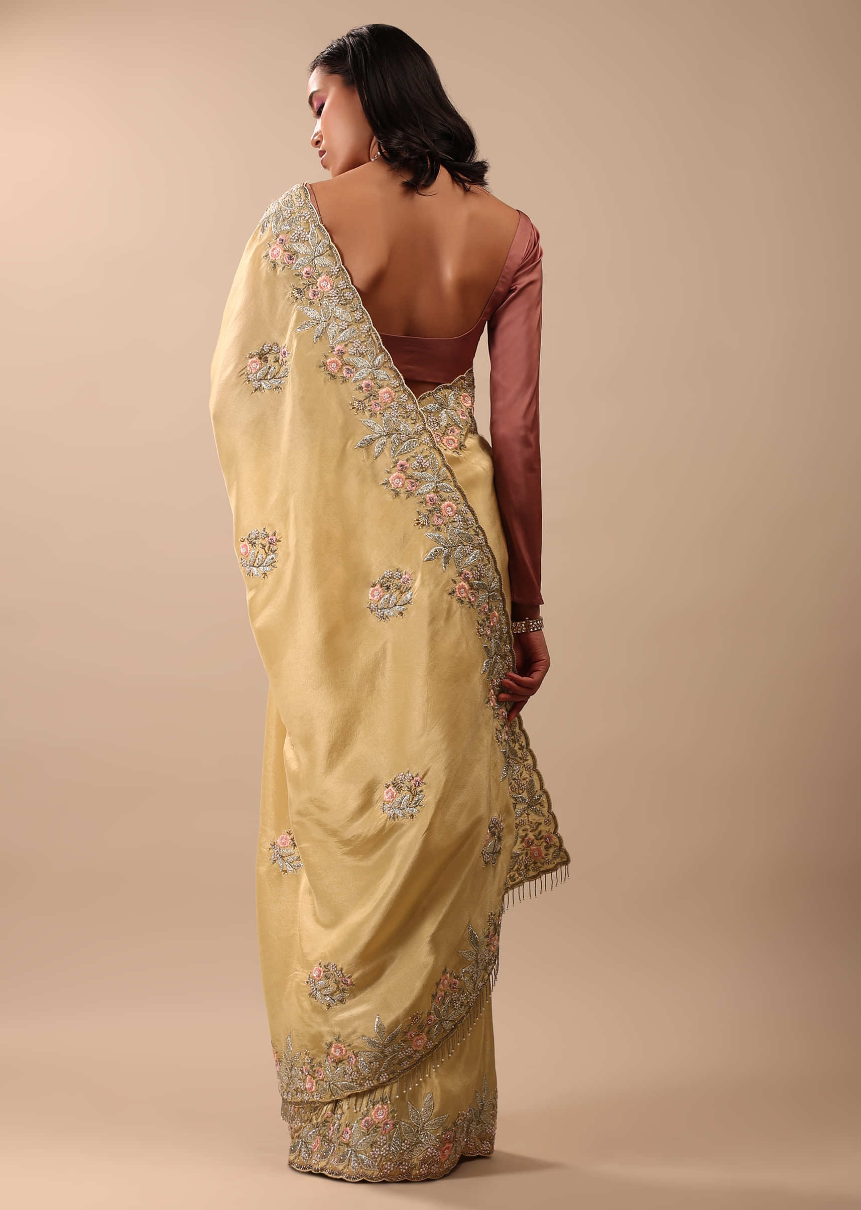 Canary Gold Yellow Saree In Glass Tissue Fabric And Gotta Resham Embroidery With Zardosi, Moti & Sequins
