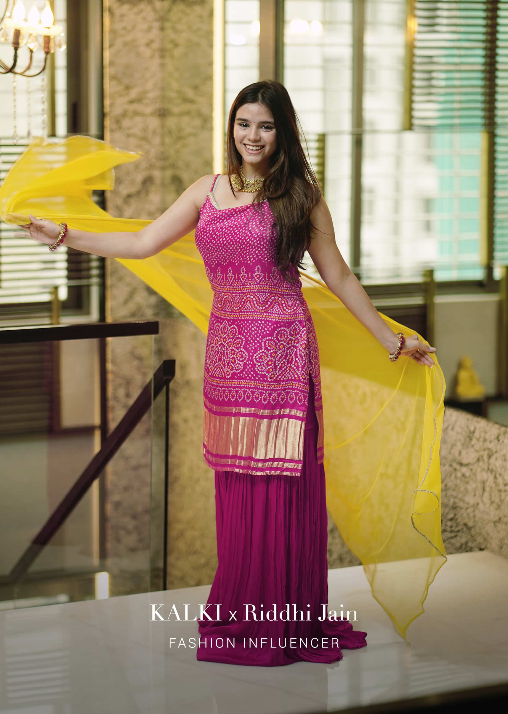 Fuchsia Pink Sharara Suit In Satin Blend With Bandhani Print And Brocade Border Design