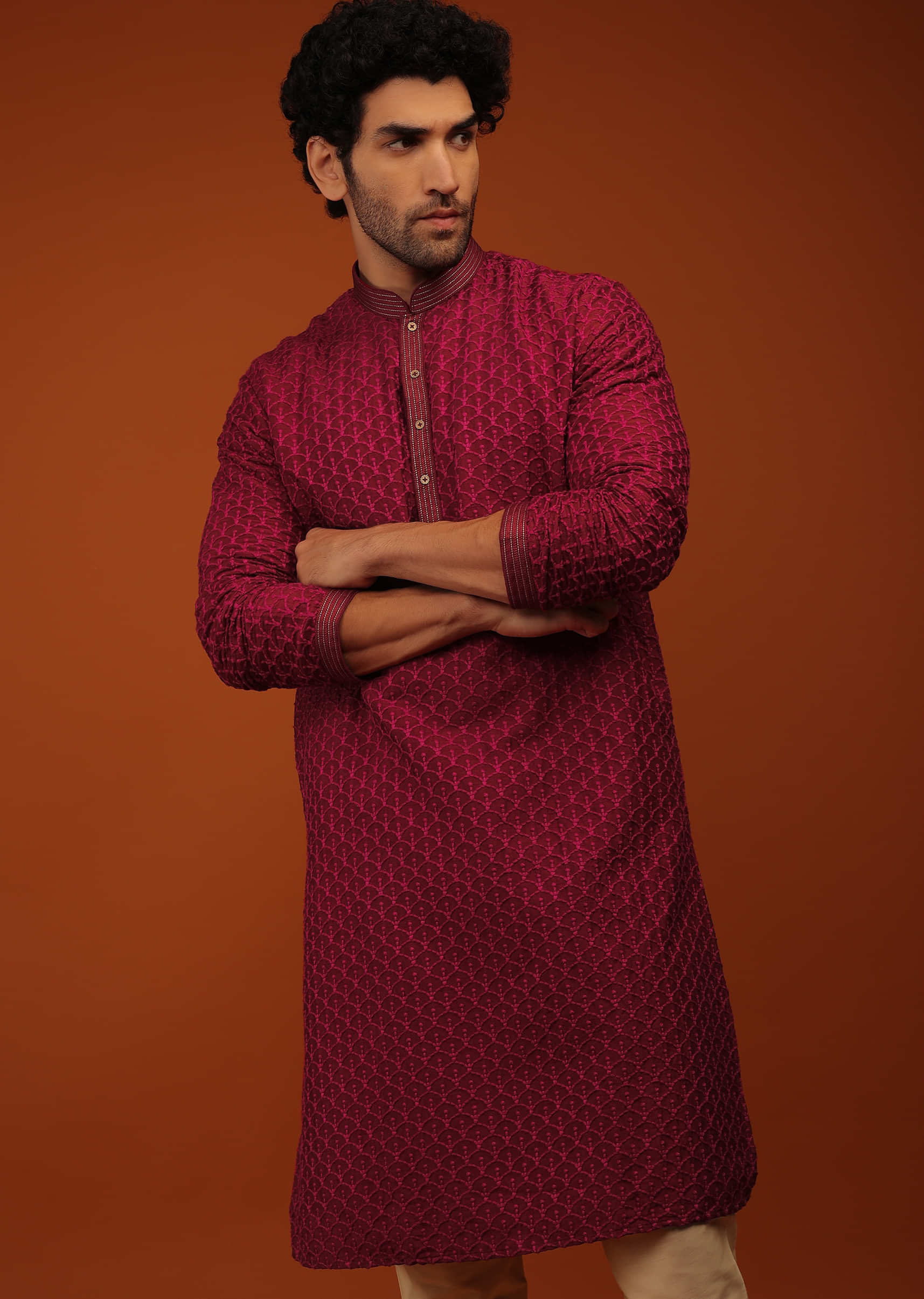 Rio Red Kurta Set In Lucknowi Embroidery