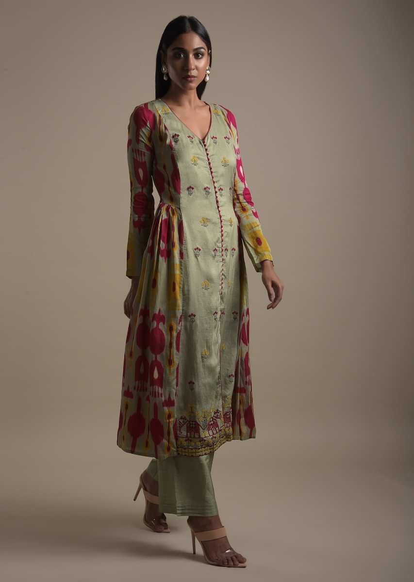 Romaine Green A Line Suit In Cotton Silk With Abstract Print And Thread Embroidery  