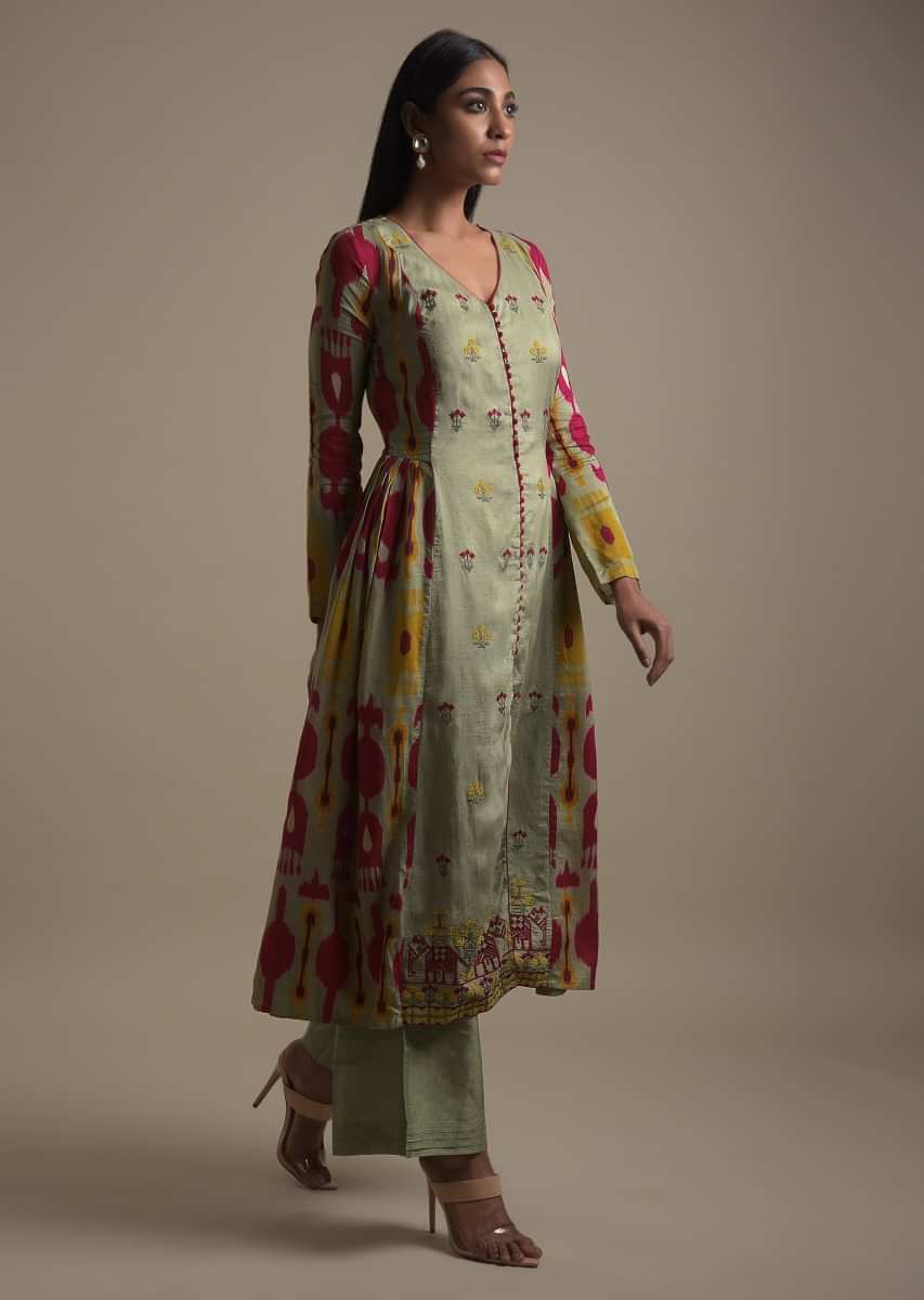 Romaine Green A Line Suit In Cotton Silk With Abstract Print And Thread Embroidery  