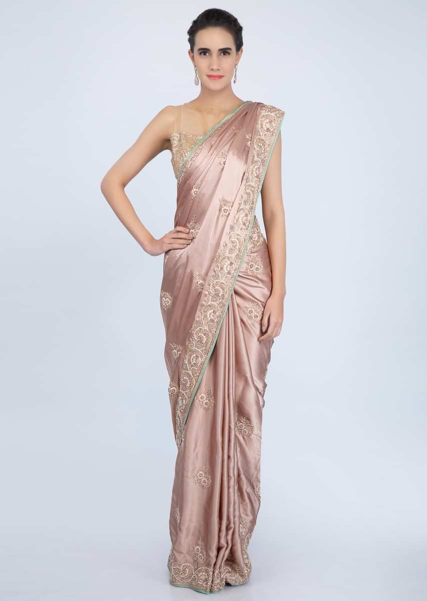 Rose Gold Saree In Satin With Embroidered Butti And Border Online - Kalki Fashion