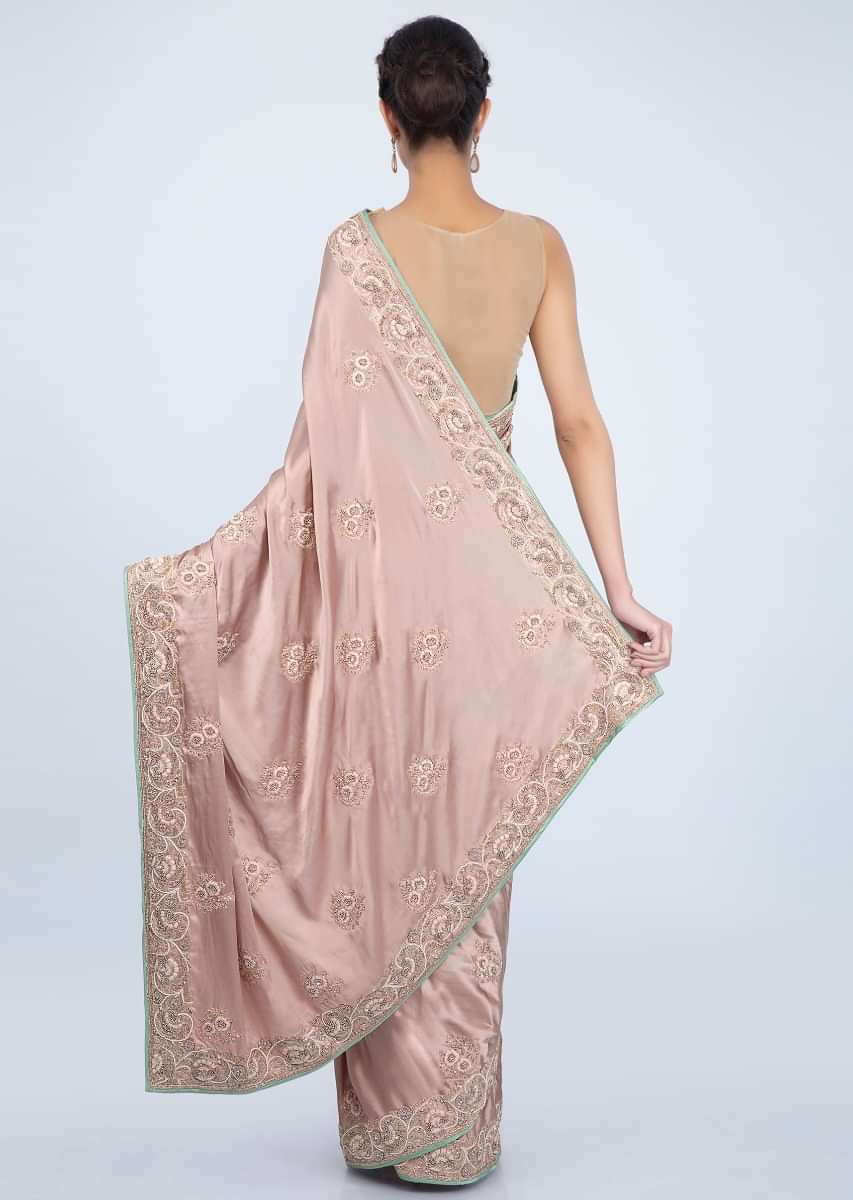 Rose Gold Saree In Satin With Embroidered Butti And Border Online - Kalki Fashion