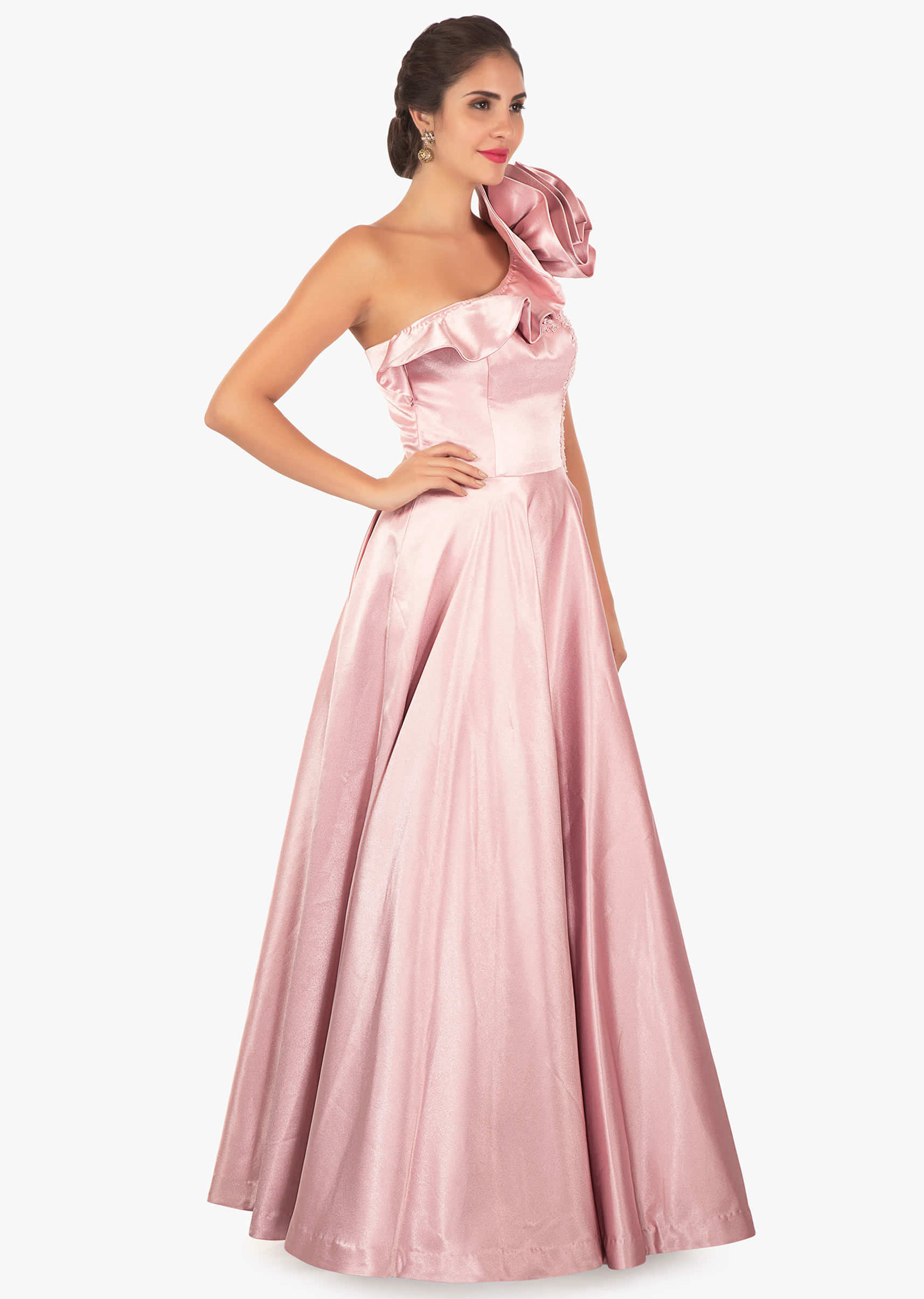 Rose Gold Heavy Satin Gown With 3D Flower And One Sided Neckline Online - Kalki Fashion