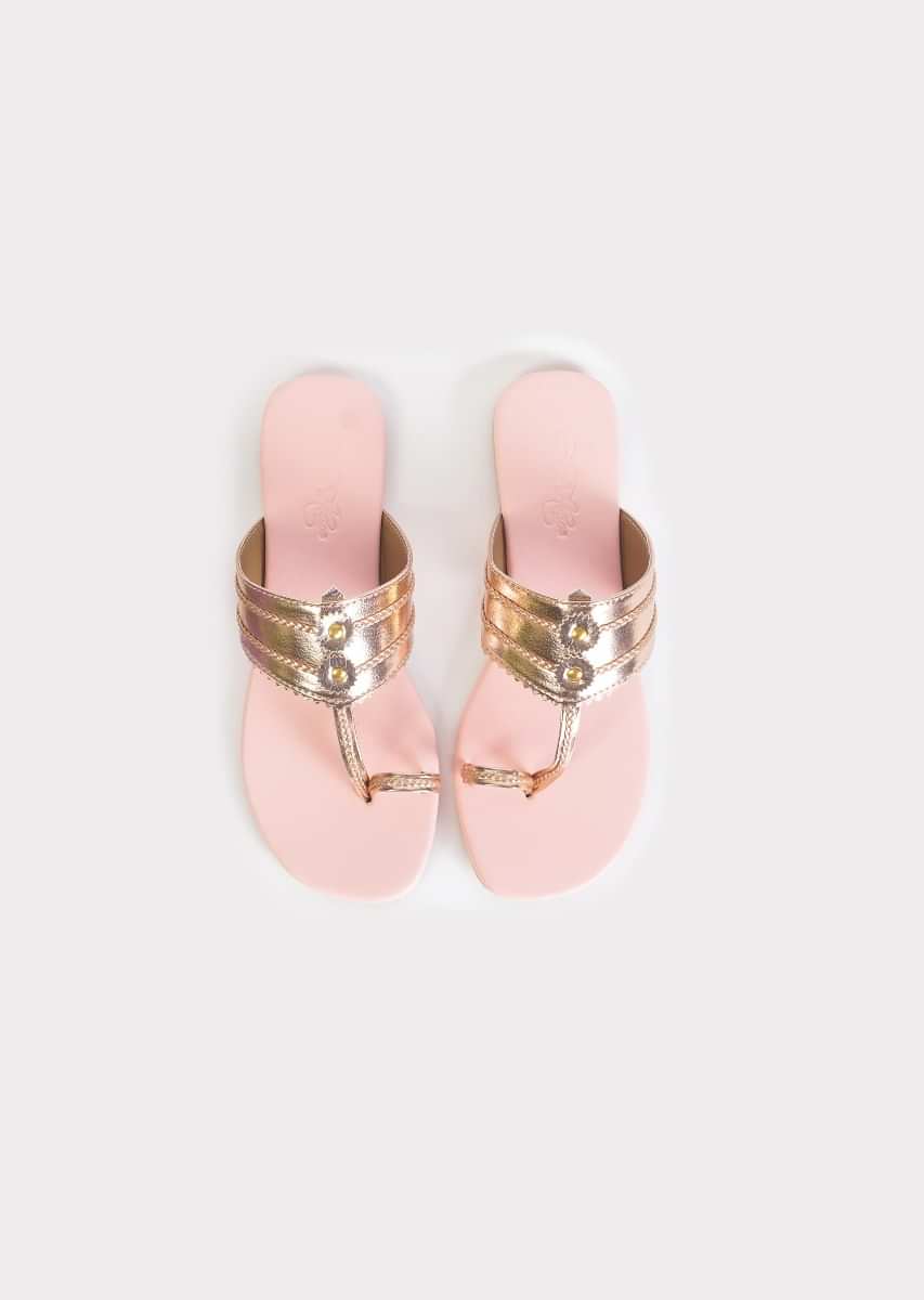 Rose Gold Kolhapuri Flats With Baby Pink Sole By Sole House
