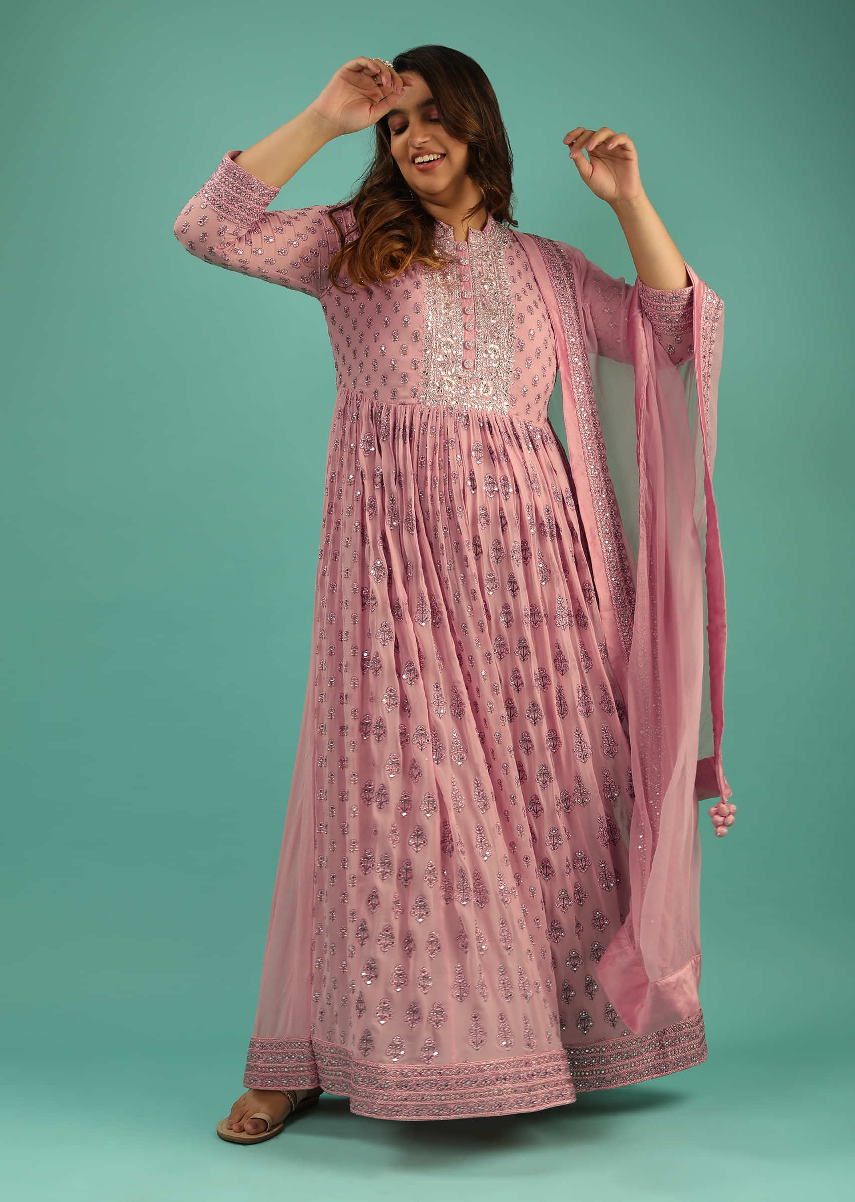 Rose Pink Anarkali Suit In Georgette With Resham And Mirror Embroidered Floral Buttis And Chiffon Dupatta  
