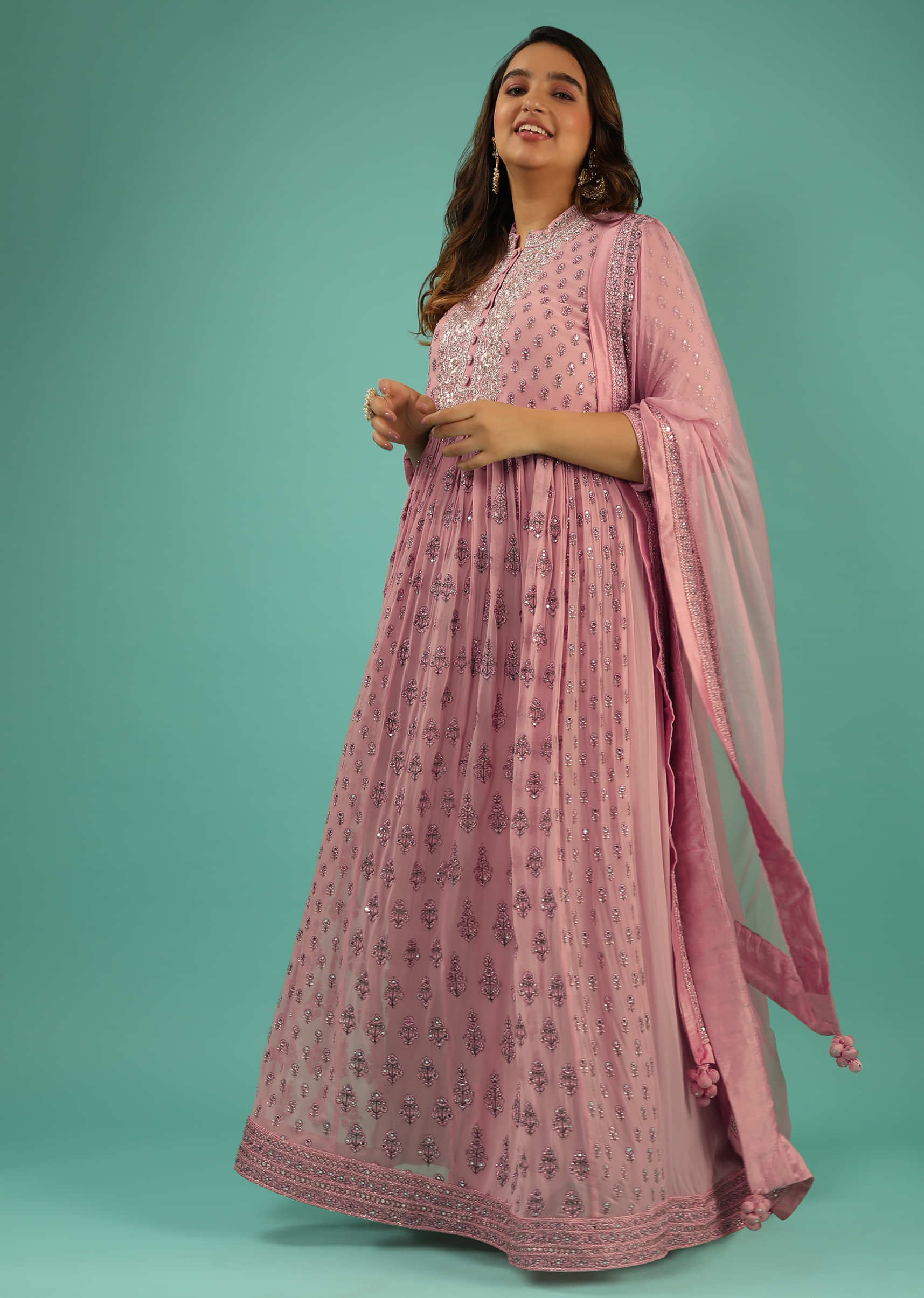 Rose Pink Anarkali Suit In Georgette With Resham And Mirror Embroidered Floral Buttis And Chiffon Dupatta  