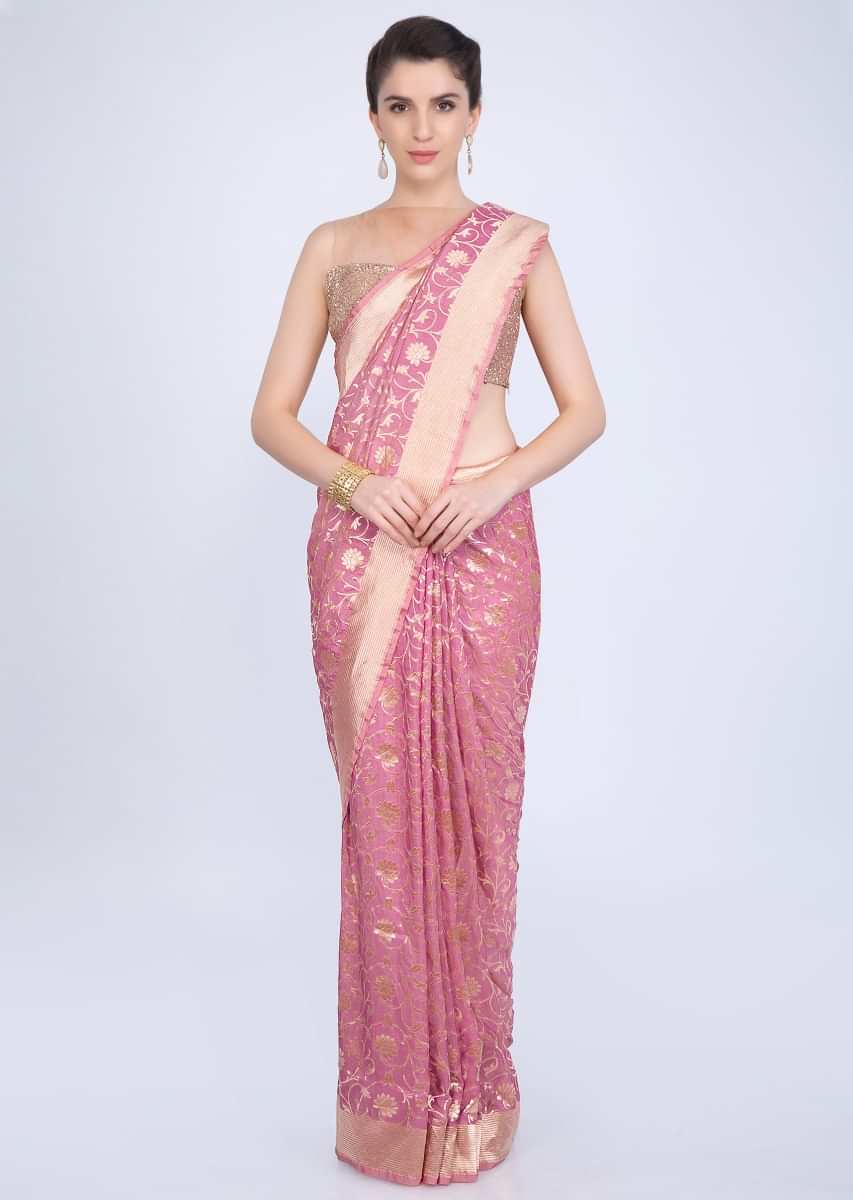 Rose pink brocade saree in floral jaal embroidery only on kalki