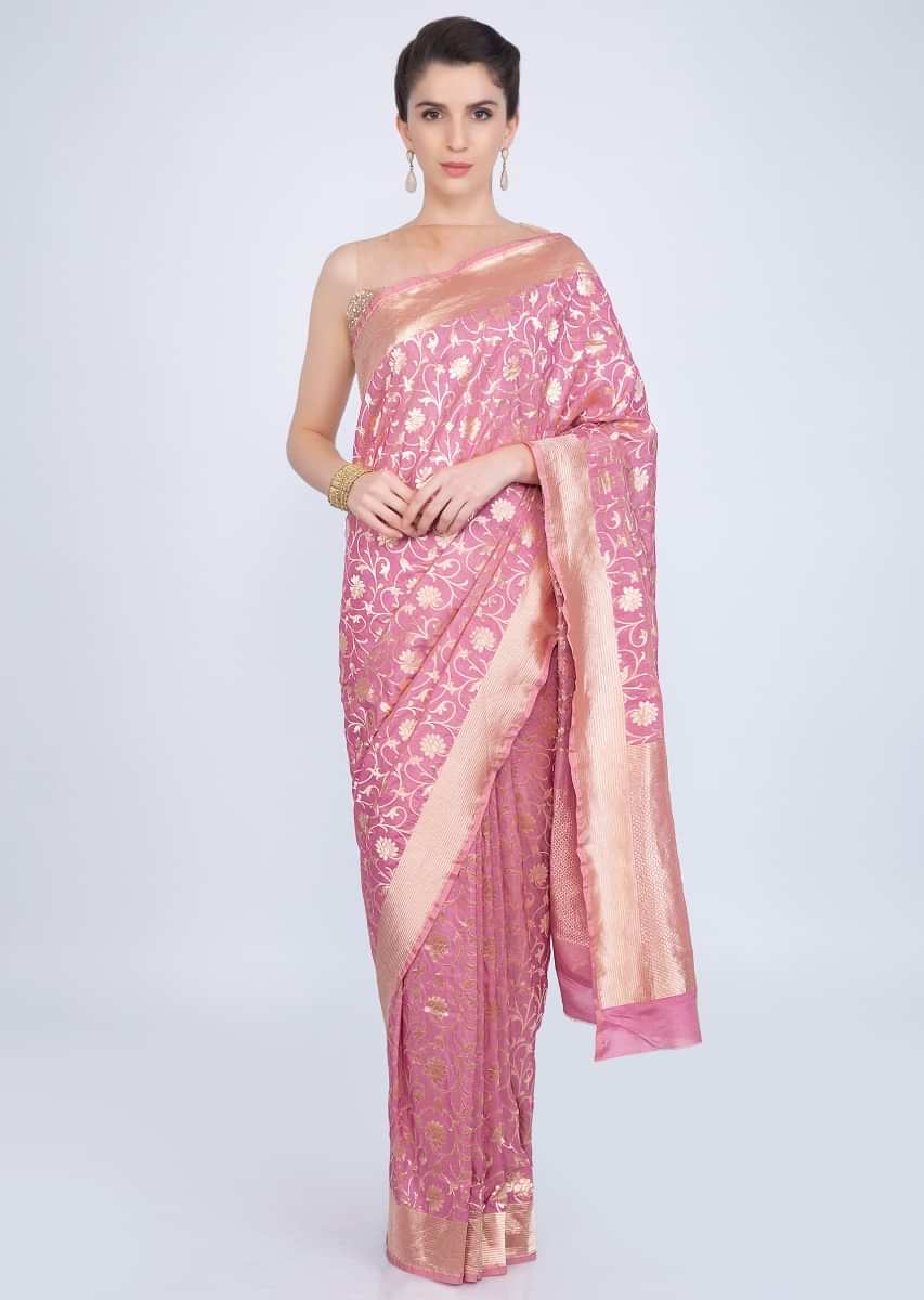 Rose pink brocade saree in floral jaal embroidery only on kalki