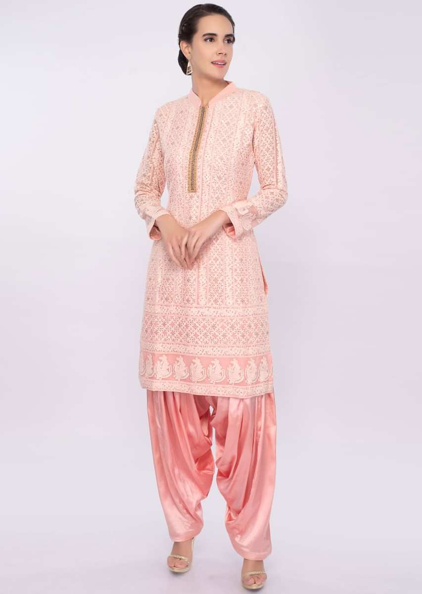 Rose pink chicken embroidered salwar suit only on Kalki