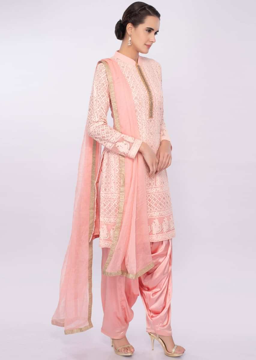 Rose pink chicken embroidered salwar suit only on Kalki