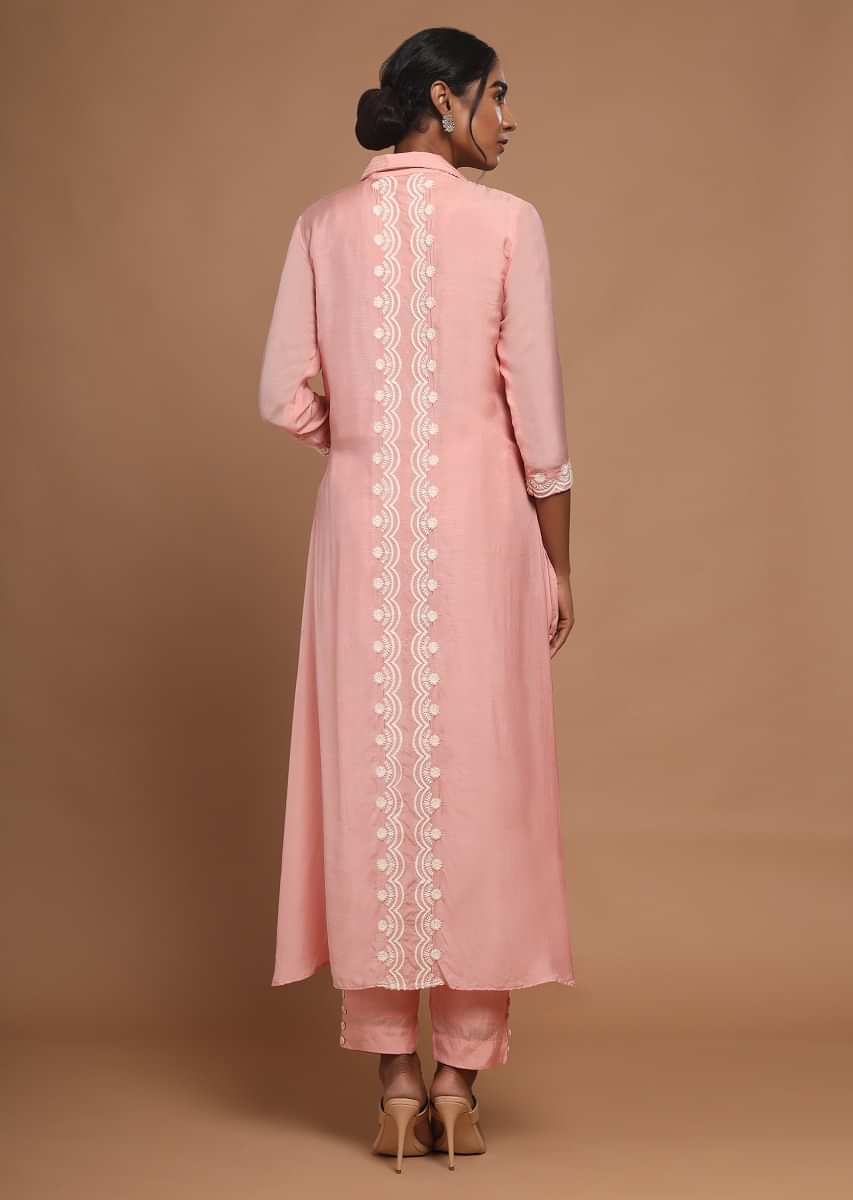 Rose Pink High Low Kurti With Cigarette Pants And Thread Embroidered Placket  