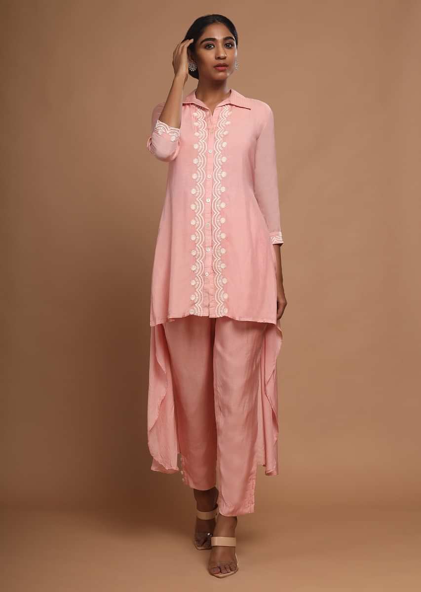 Rose Pink High Low Kurti With Cigarette Pants And Thread Embroidered Placket  