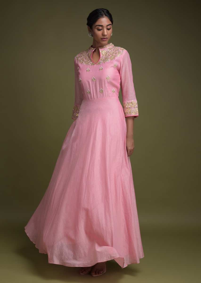 Buy Rose Pink Long Dress In Cotton With Gotta Patch And Pearls