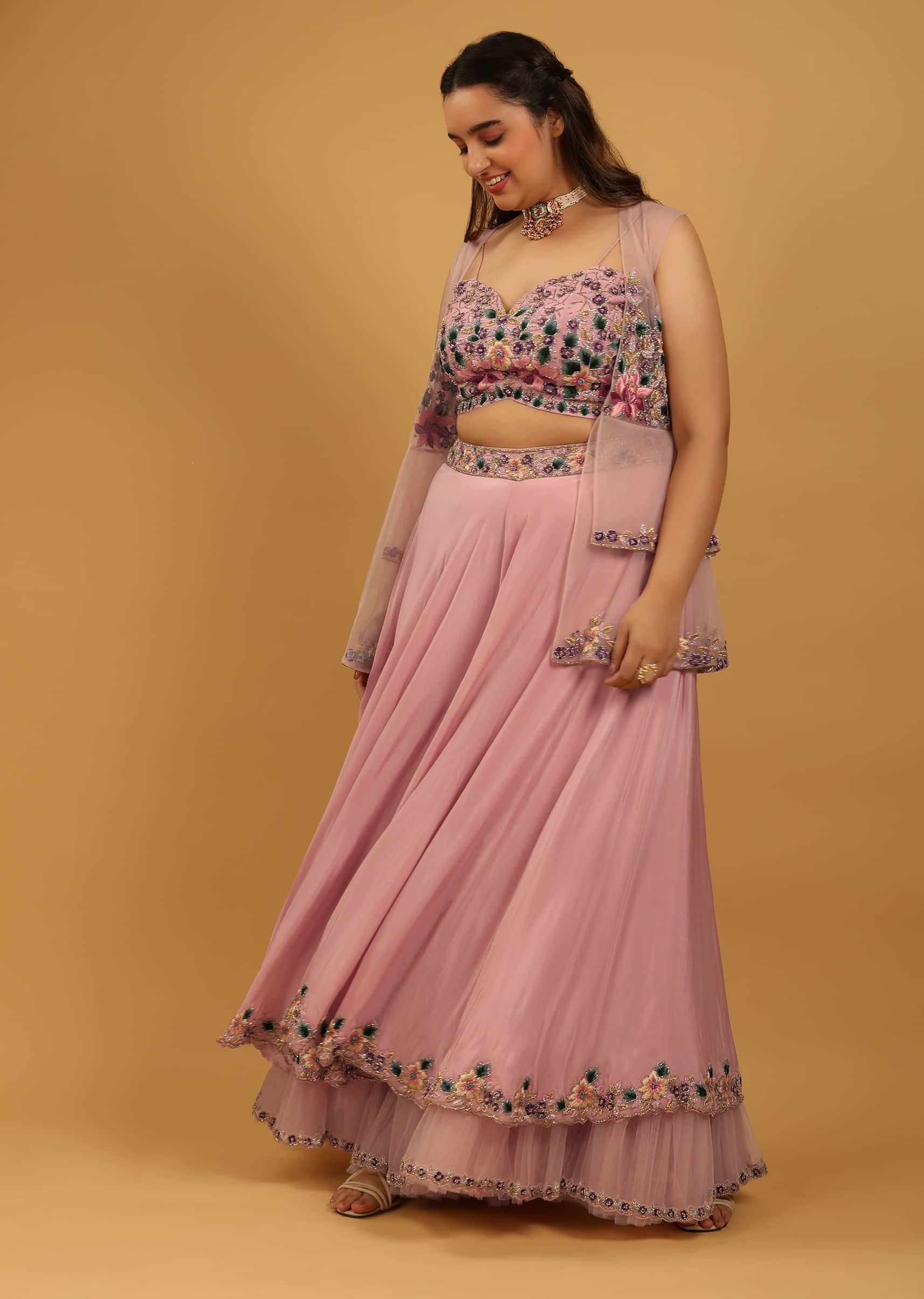 Rose Pink Palazzo And Crop Top Suit With Multi Colored Resham Embroidery And Layered Peplum Jacket  