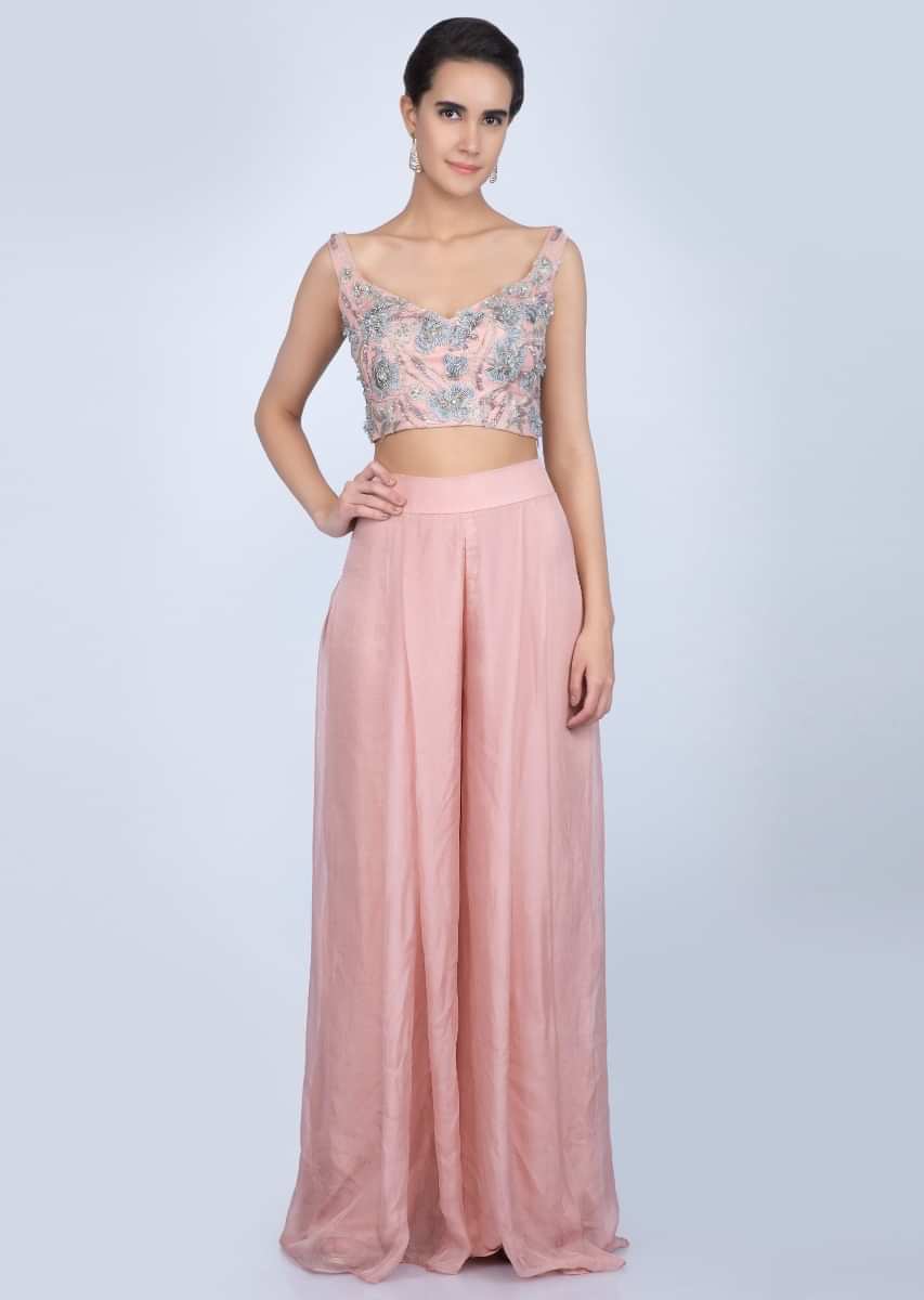 Rose Pink Palazzo And Crop Top With Heavy Embellished Jacket Online - Kalki Fashion