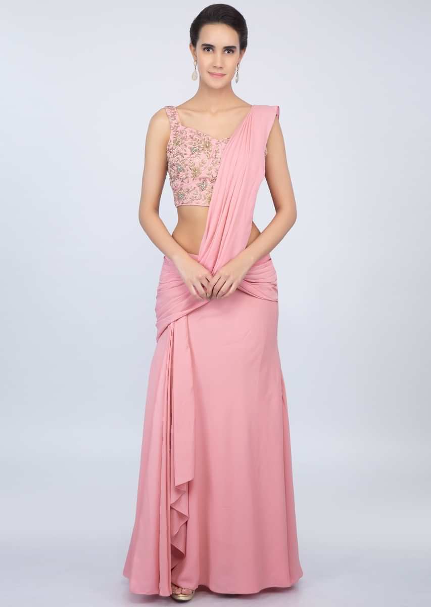 Rose Pink Ready Pleated Saree With Matching Embroidered Blouse Online - Kalki Fashion