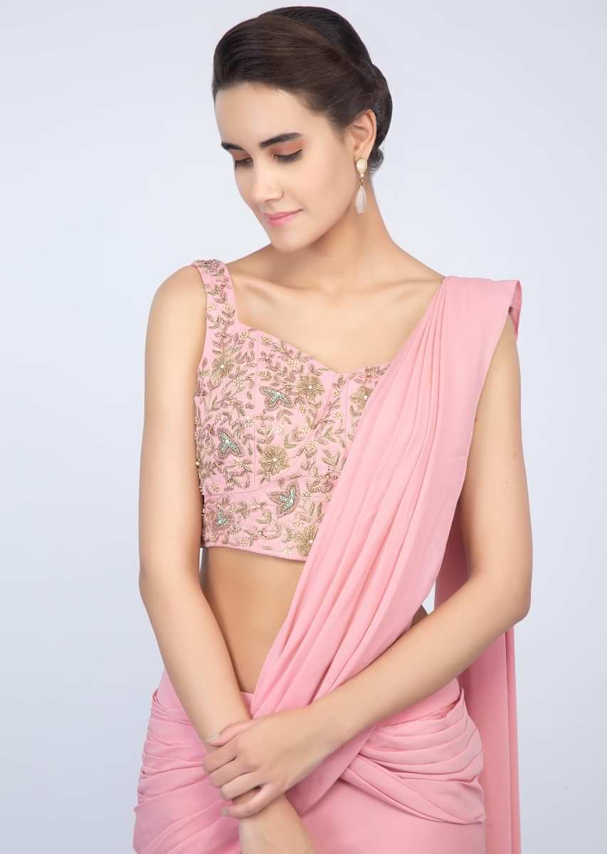 Rose Pink Ready Pleated Saree With Matching Embroidered Blouse Online - Kalki Fashion