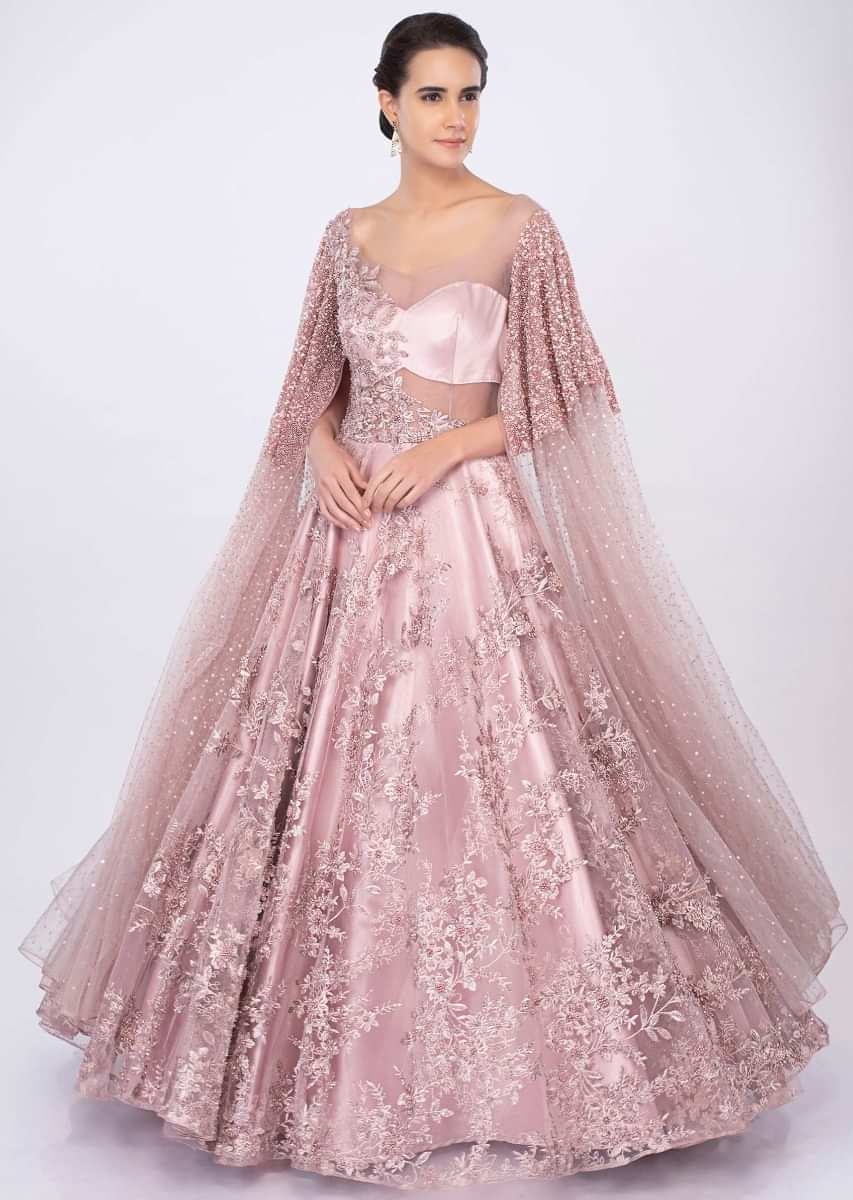 Rose pink reception gown in heavy embroidery only on kalki