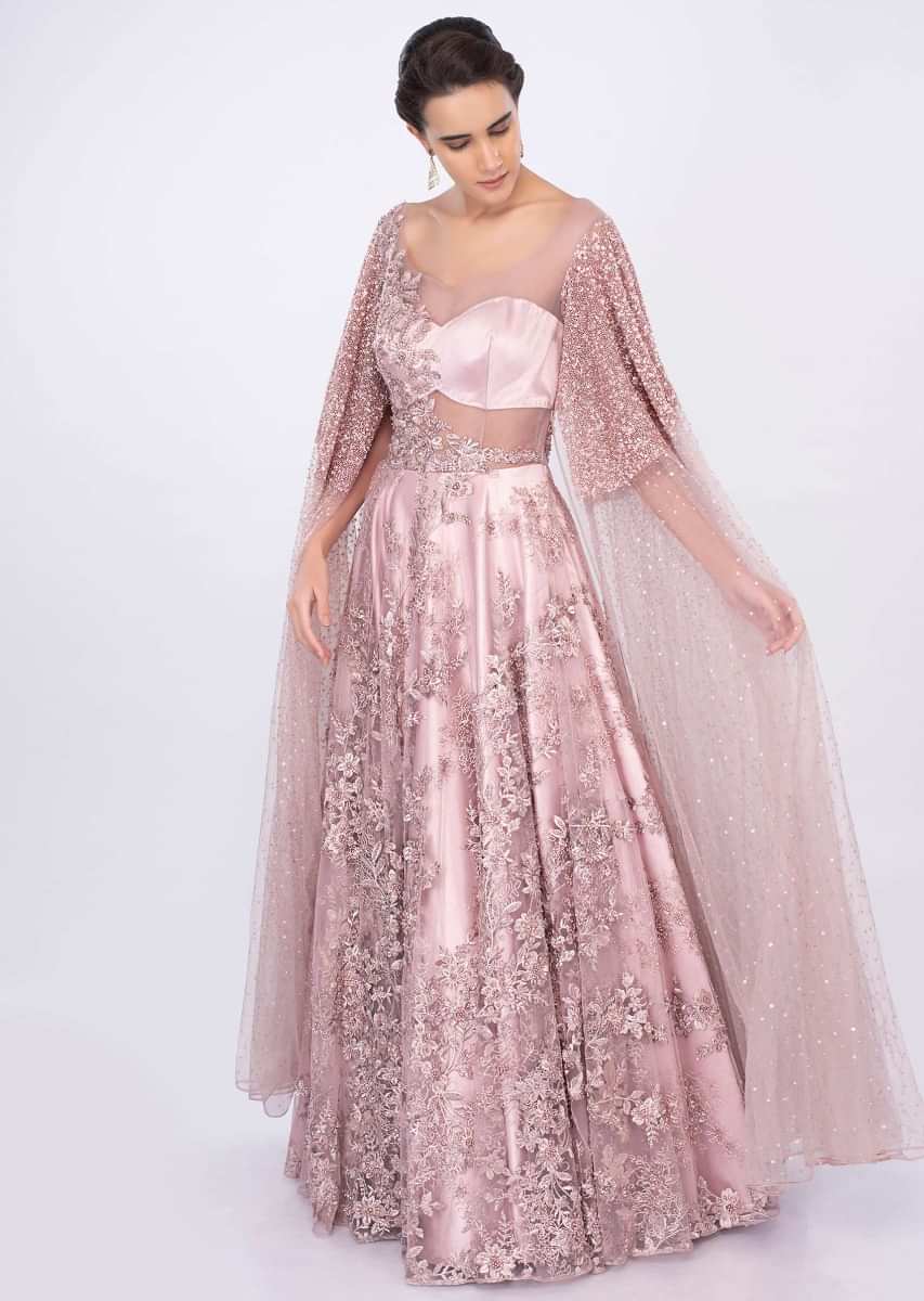 Rose pink reception gown in heavy embroidery only on kalki
