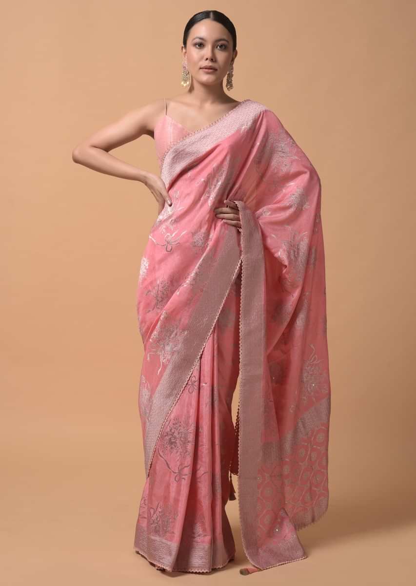 Rose Pink Saree In Silk With Brocade Woven Floral Motifs And Sequins Accents  