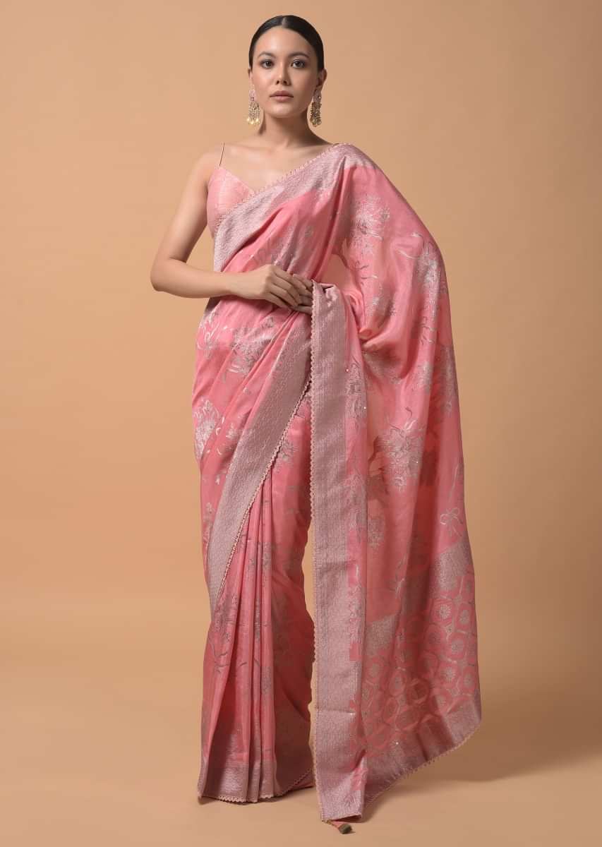Rose Pink Saree In Silk With Brocade Woven Floral Motifs And Sequins Accents  