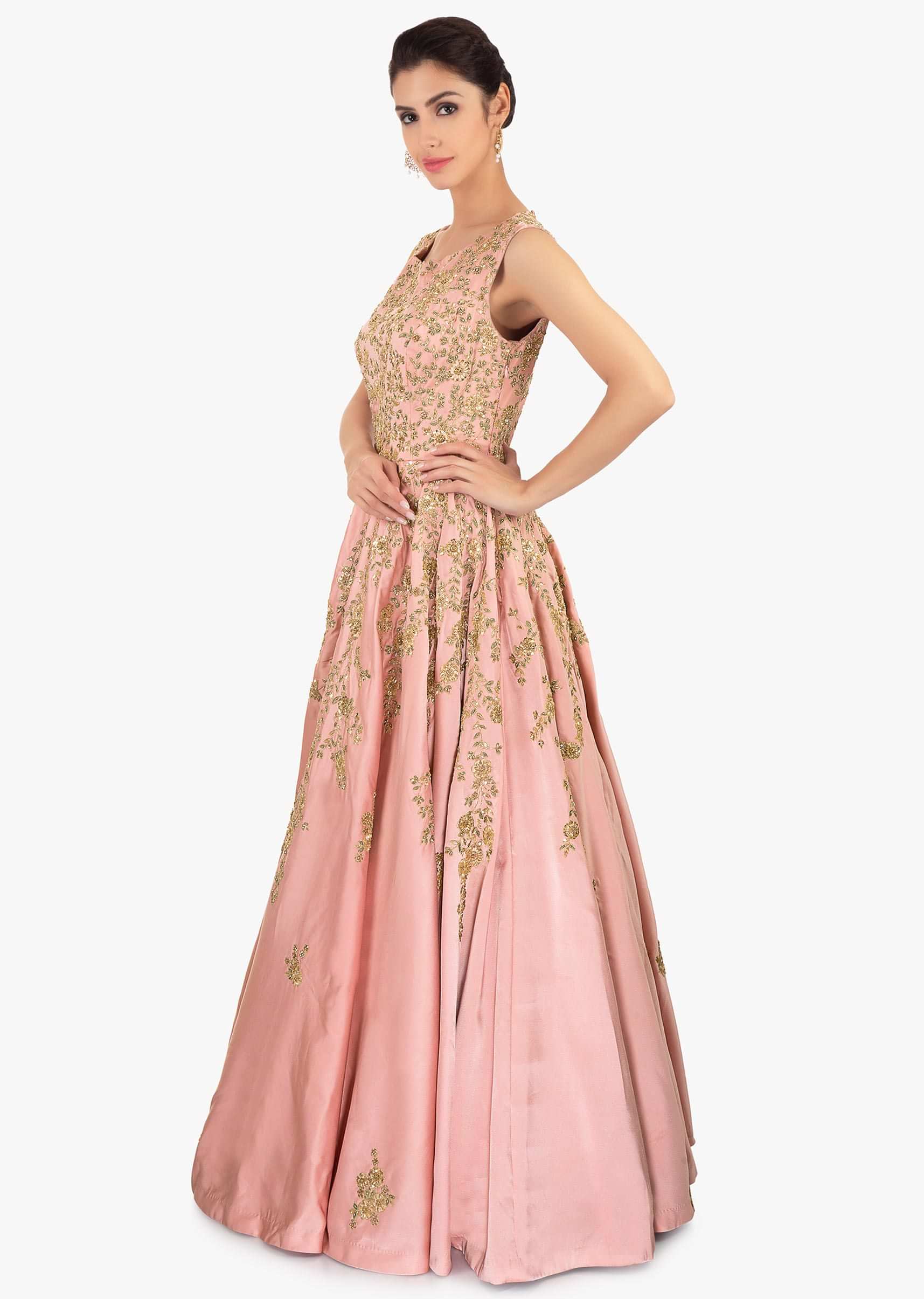 Rose pink satin gown with embroidered jaal and butti 