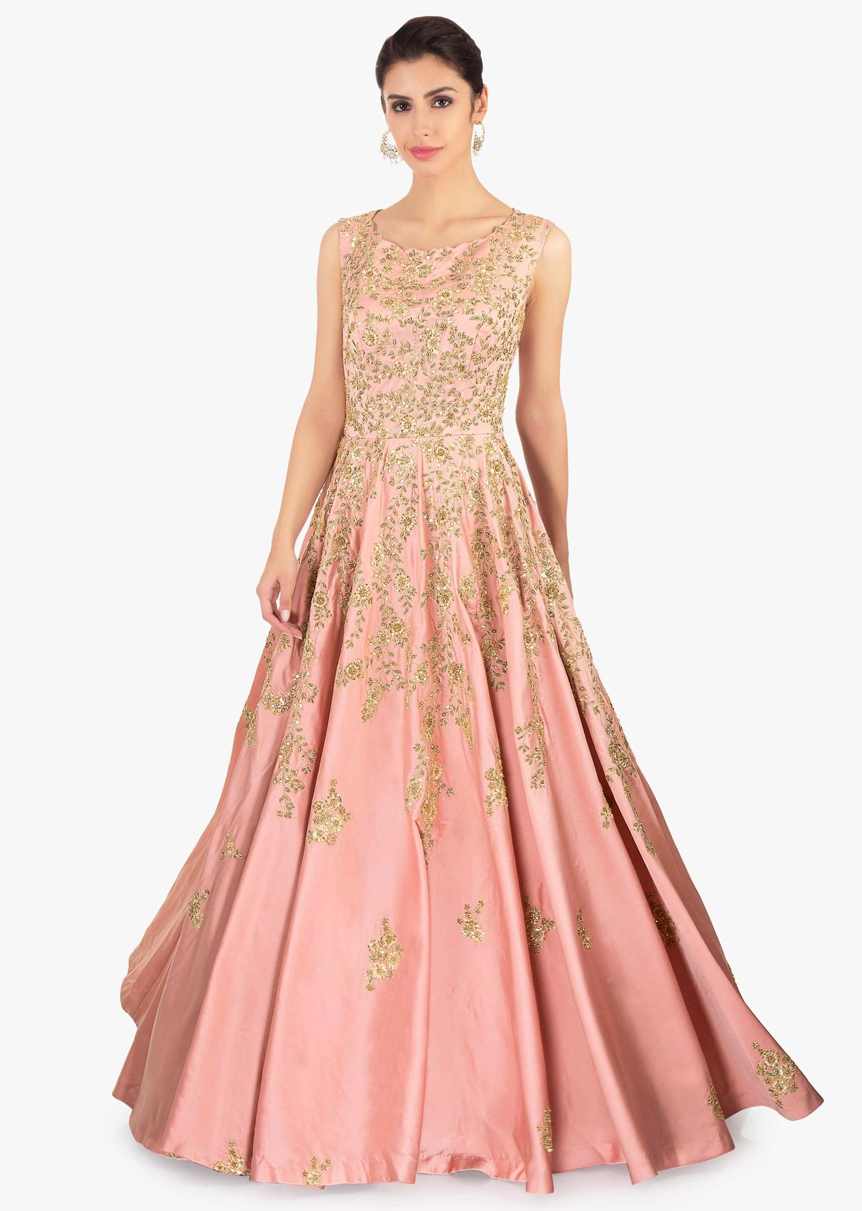 Rose pink satin gown with embroidered jaal and butti 