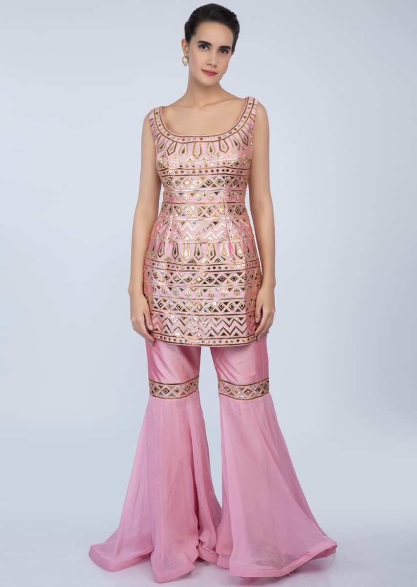 Rose Pink Sharara Suit Set In Lurex Applique Work Online - Kalki Fashion
