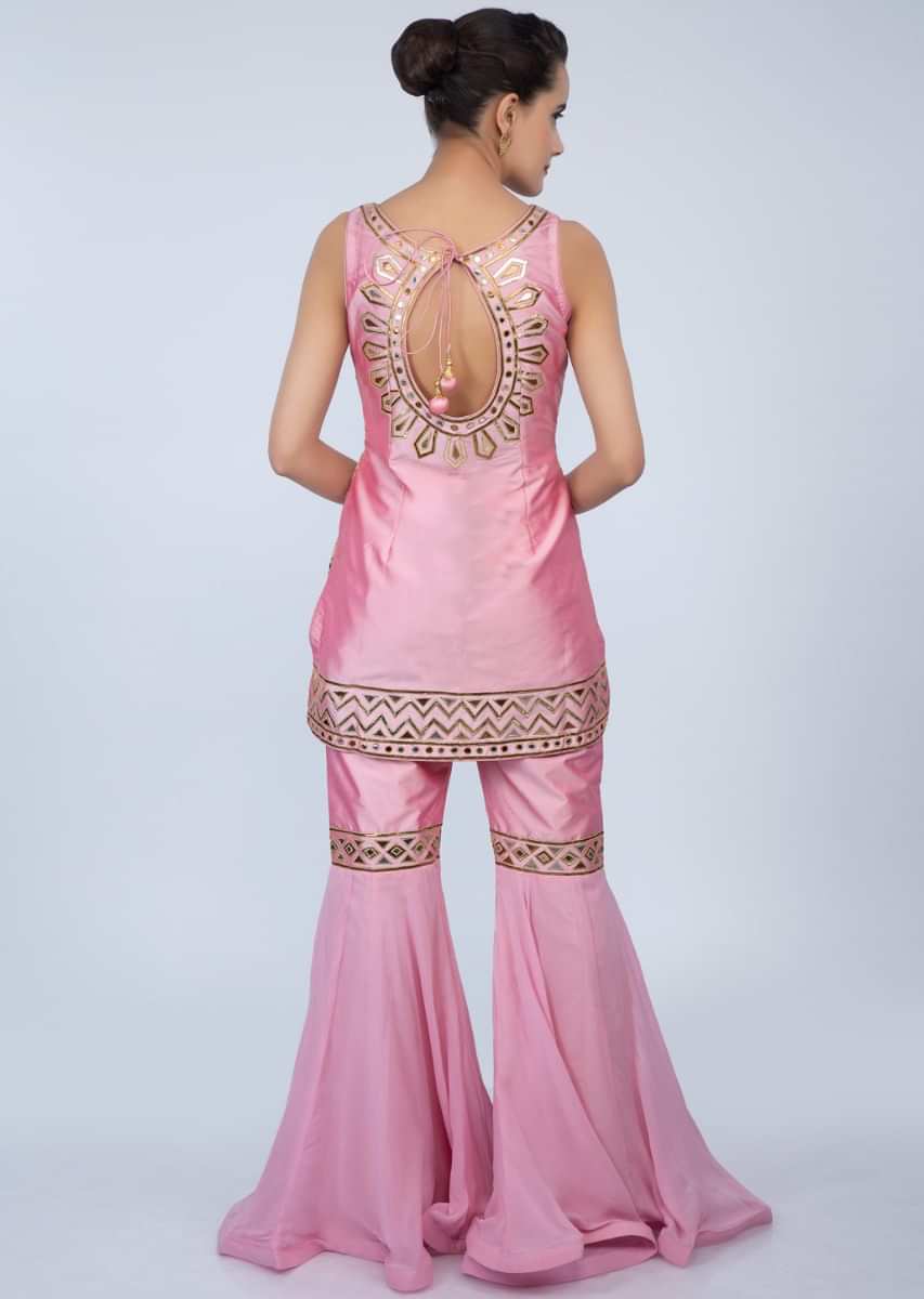 Rose Pink Sharara Suit Set In Lurex Applique Work Online - Kalki Fashion