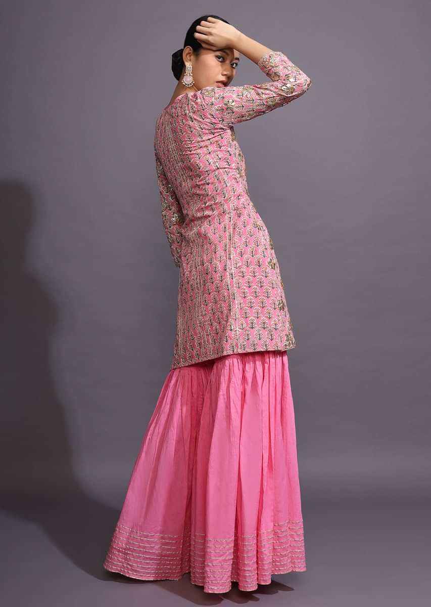 Rose Pink Sharara Suit With Printed Buttis And Gotta Patti Accents  