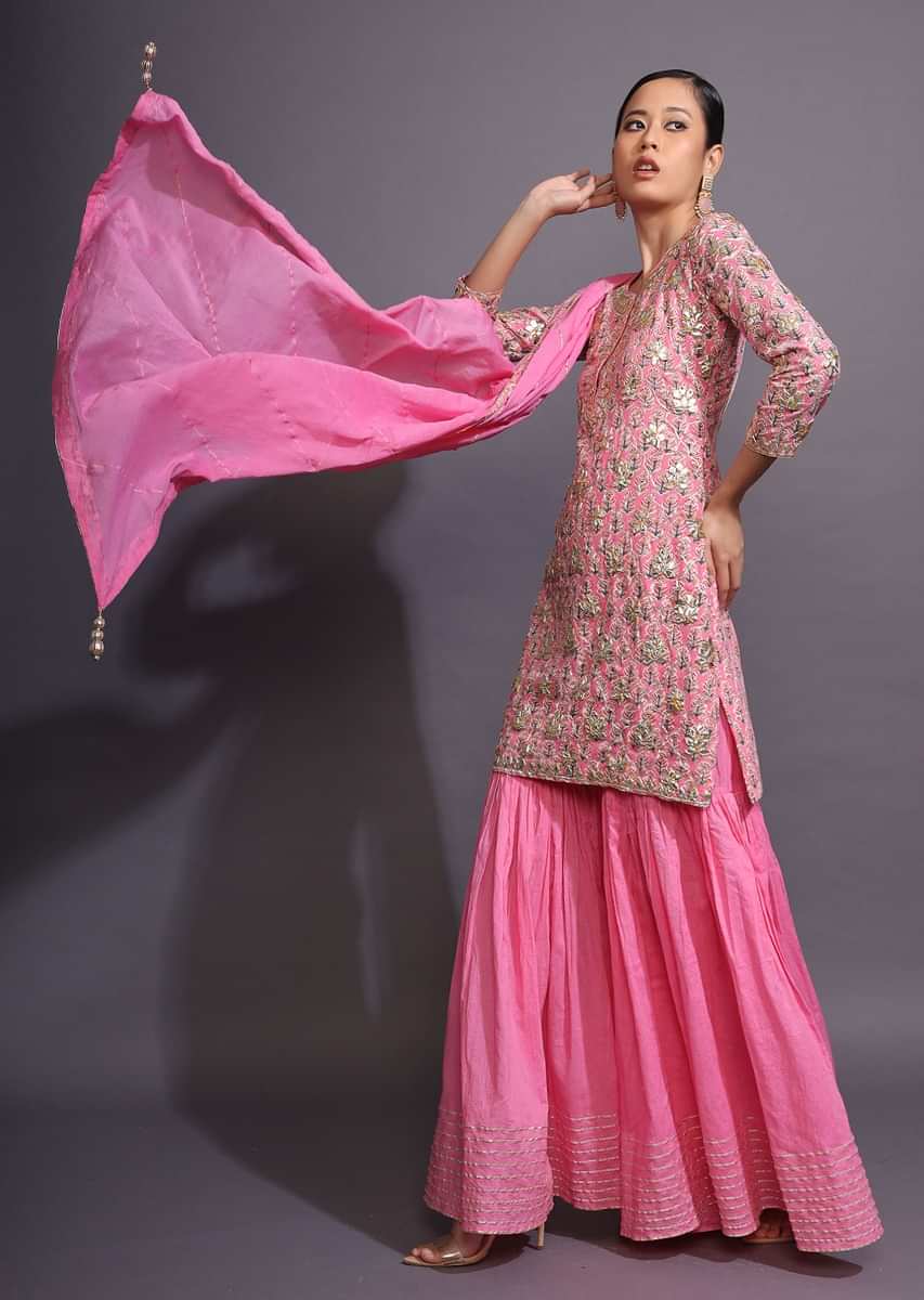 Rose Pink Sharara Suit With Printed Buttis And Gotta Patti Accents  