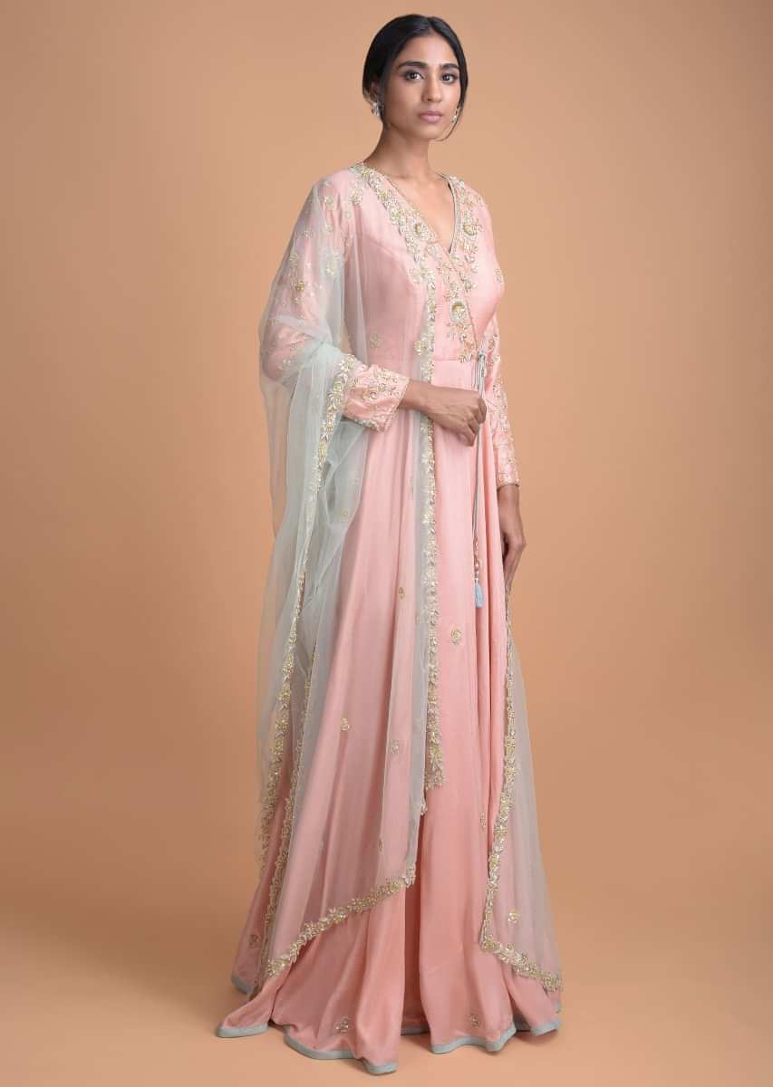 Rose Pink Silk Angrakha Style Suit With Floral Hand Embroidery  