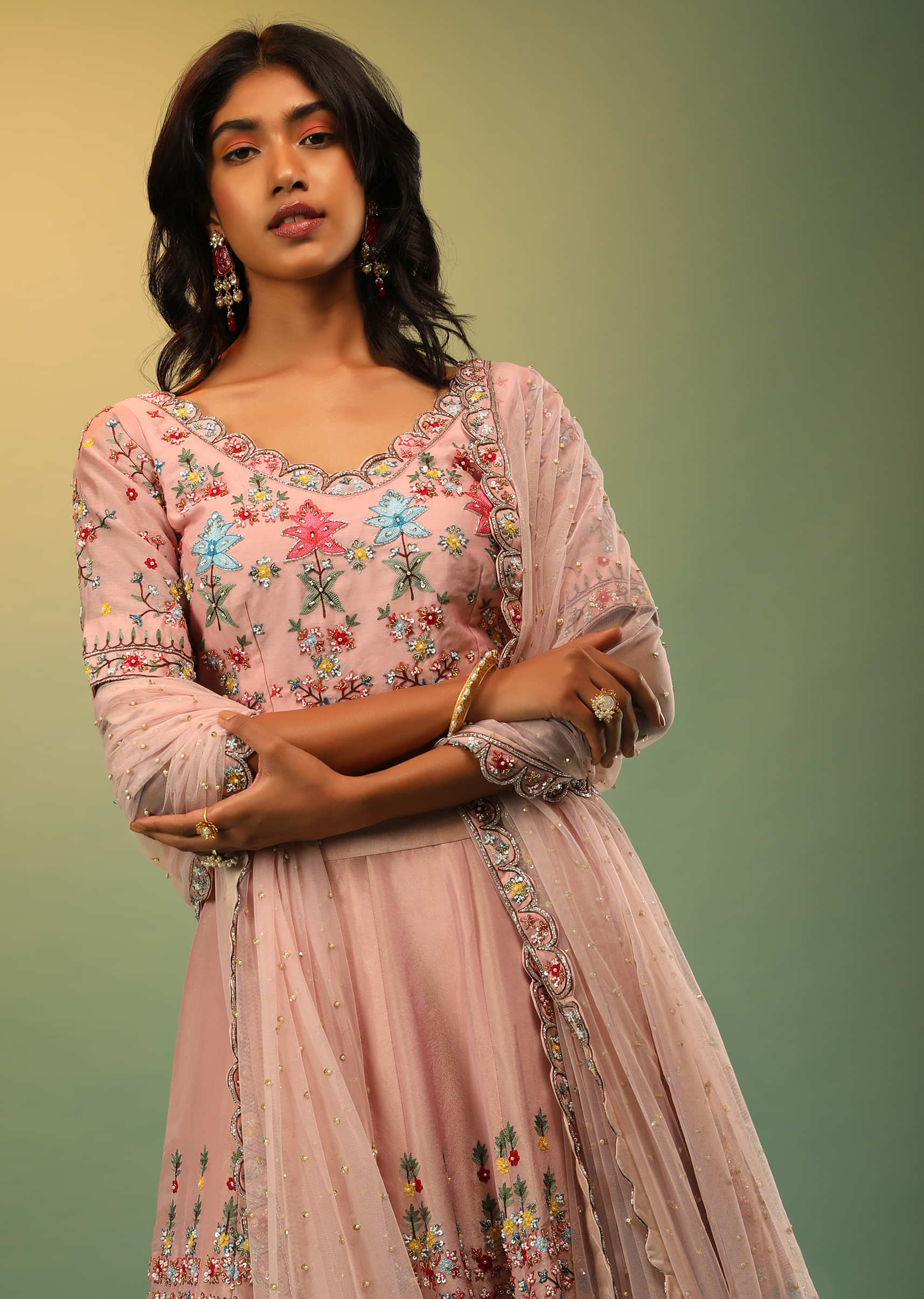 Rose Pink Skirt And Crop Top With Multi Colored Resham And Sequins Embroidered Floral Motifs 