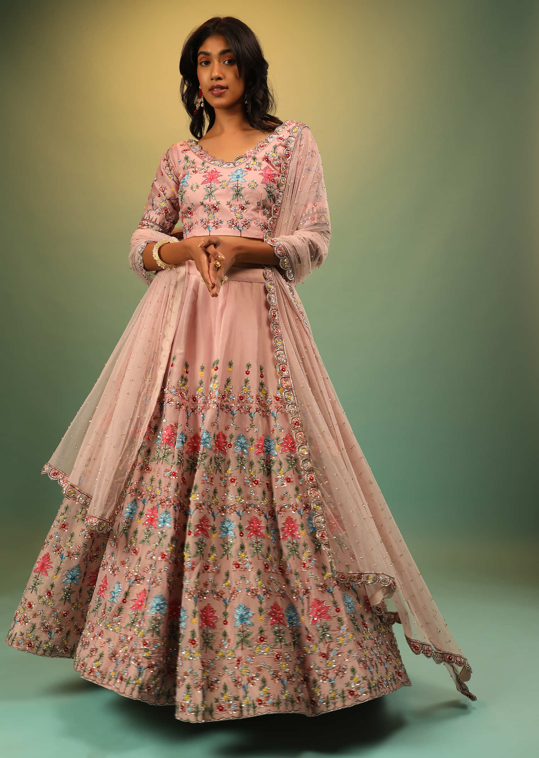 Rose Pink Skirt And Crop Top With Multi Colored Resham And Sequins Embroidered Floral Motifs 