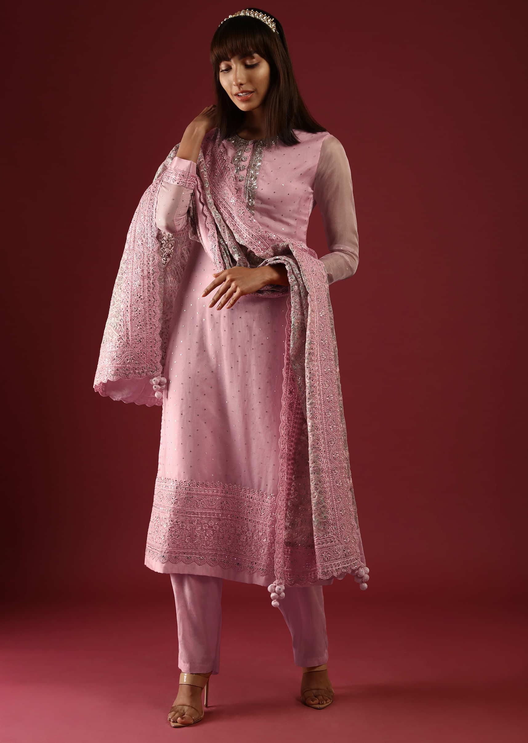 Rose Pink Straight Cut Suit With Zardosi Work On The Yoke And An Organza Dupatta With Multicolor Thread Work In Paisley And Floral Jaal  