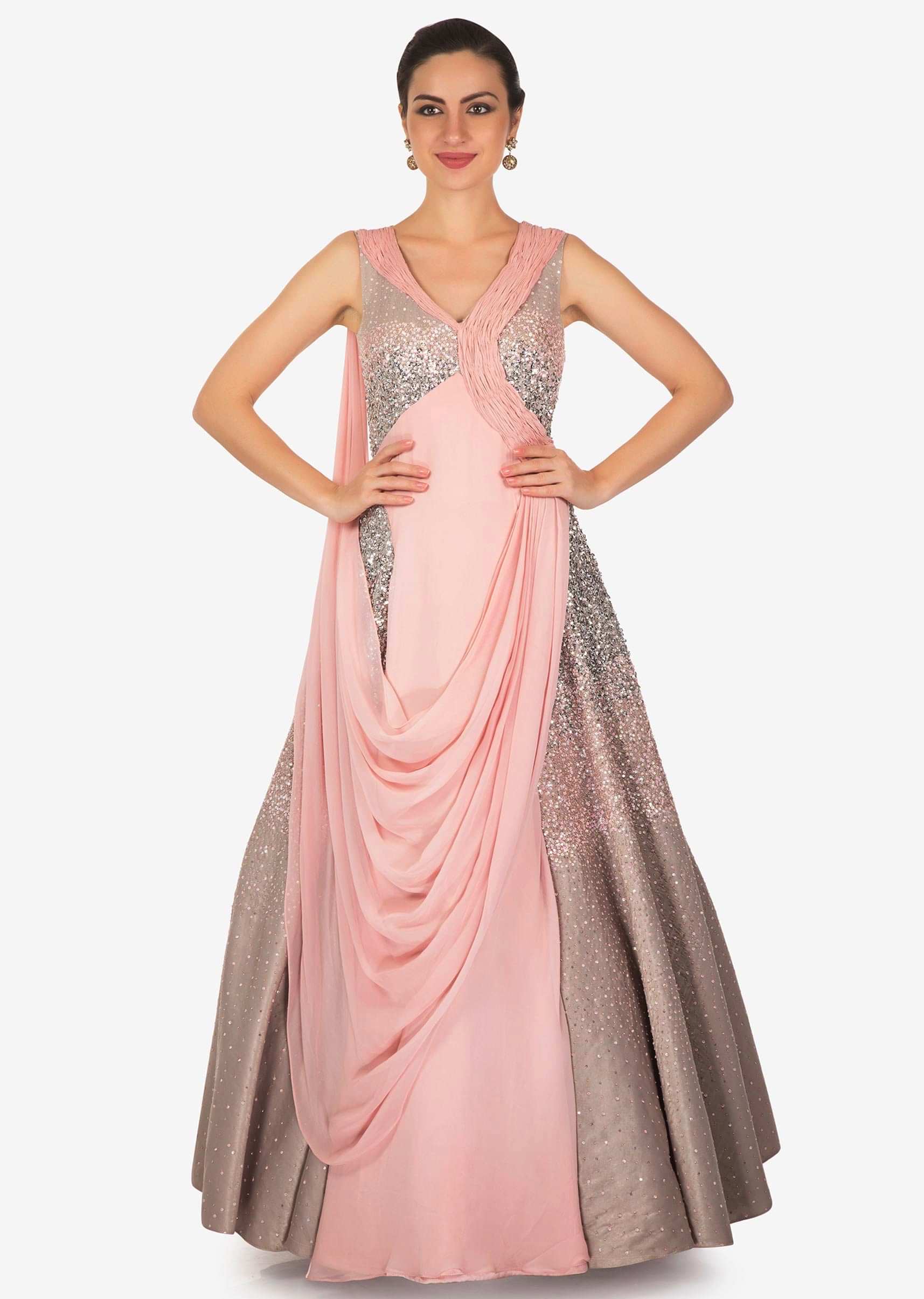Rose Pink Textured Satin and Georgette Sequined Gown with Drape Only on Kalki