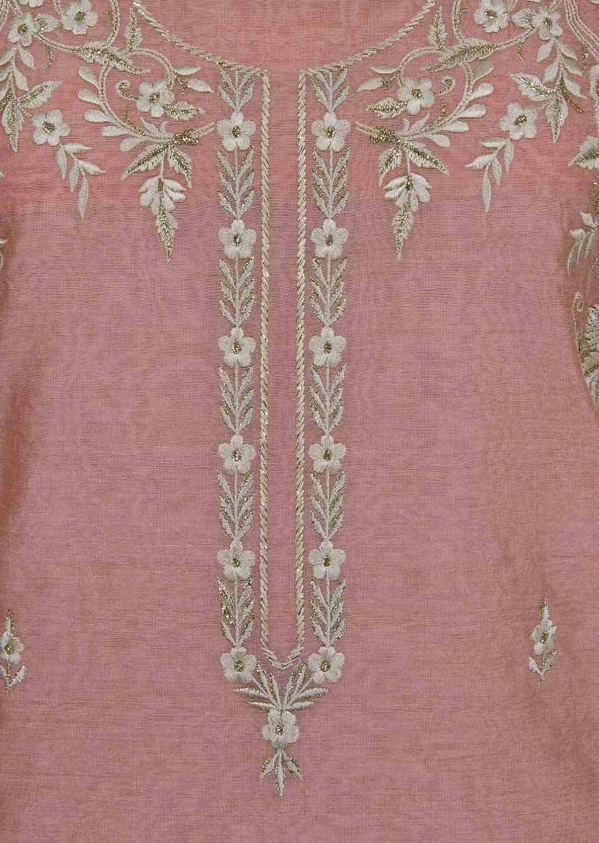 Rose pink unstitched silk suit in floral and zari thread embroidery