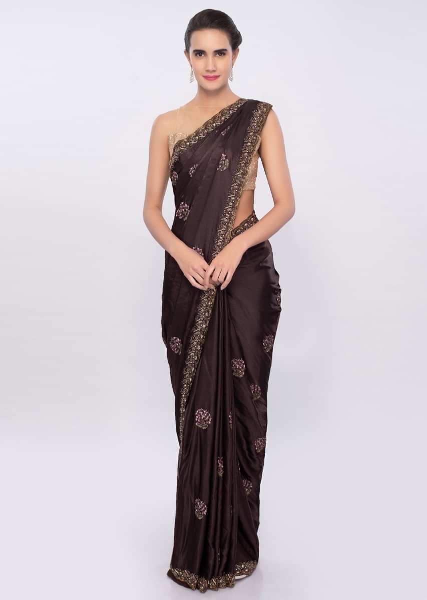 Rose Wood Brown Chiffon Saree With Embroidery And Butti Online - Kalki Fashion