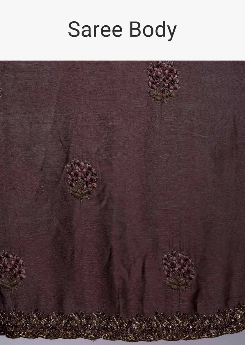 Rose Wood Brown Chiffon Saree With Embroidery And Butti Online - Kalki Fashion