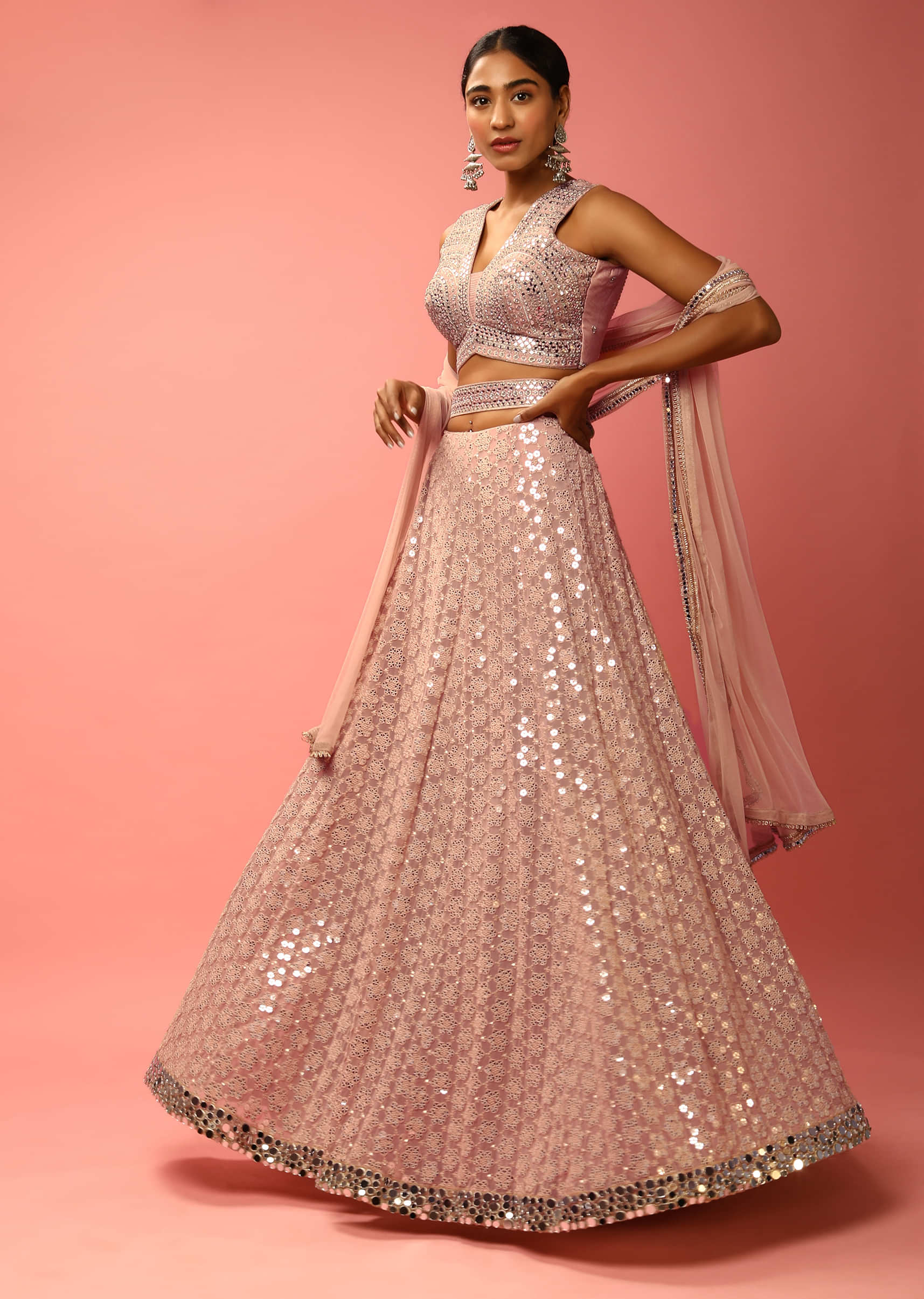 Buy Blush Pink Thread Embroidery Net Wedding Lehenga From Ethnic Plus.