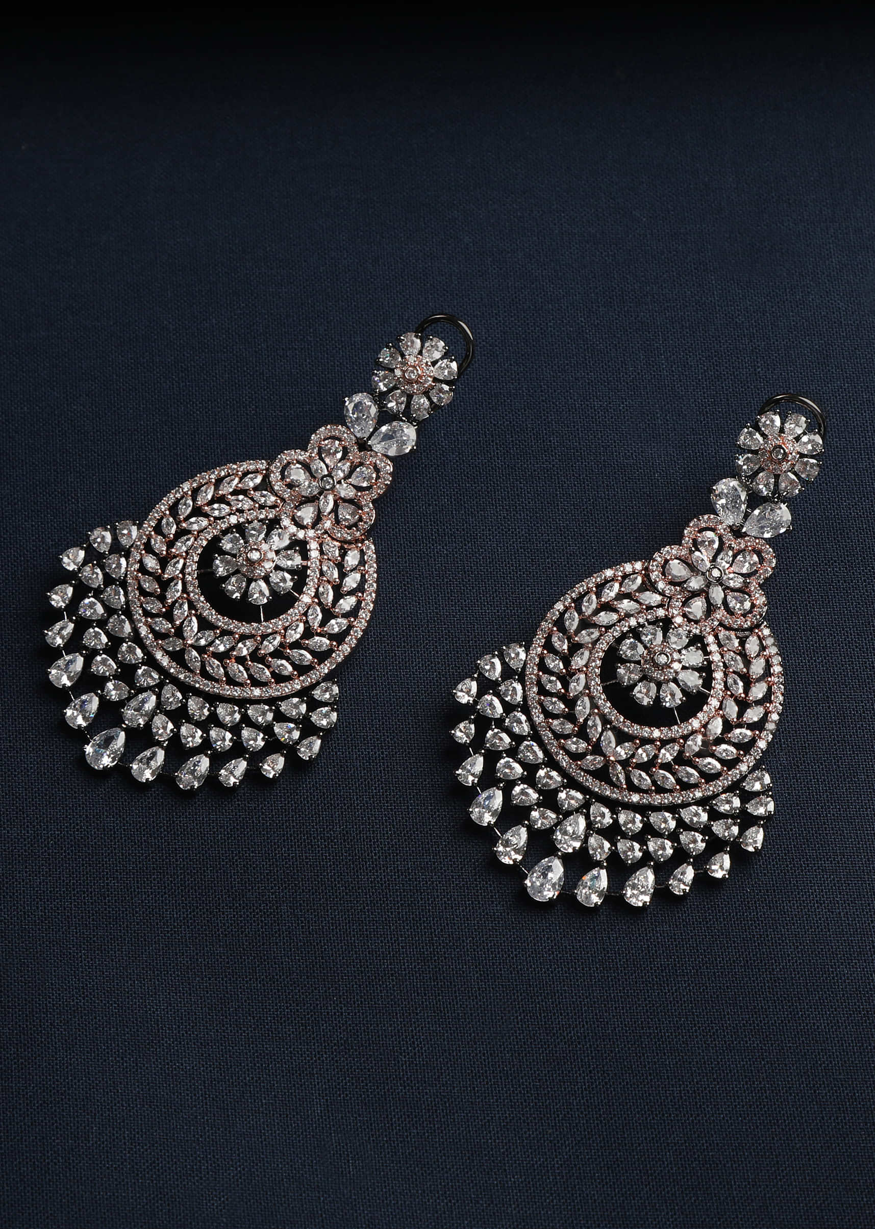 Rose Gold And Black Antique Finish Chandelier Earrings Studded With Faux Diamonds By Tizora