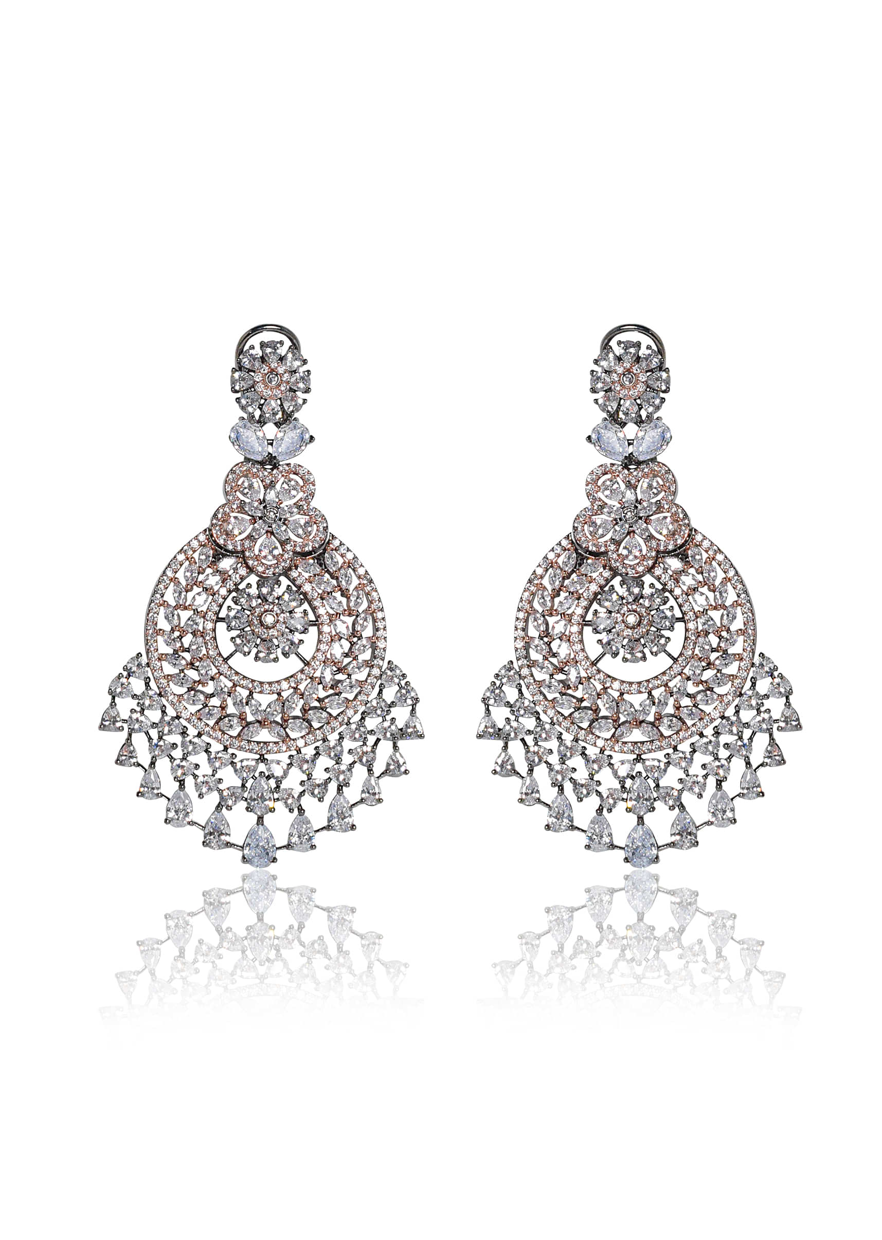 Rose Gold And Black Antique Finish Chandelier Earrings Studded With Faux Diamonds By Tizora