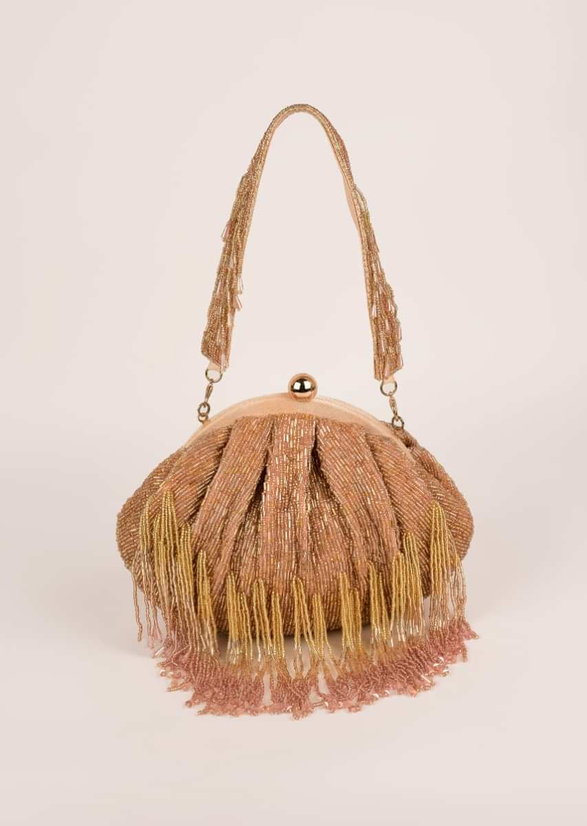 Rose Gold Clutch Heavily Embroidered With Cut Dana And Beads All Over Along With Fringe Detailing Online - Kalki Fashion