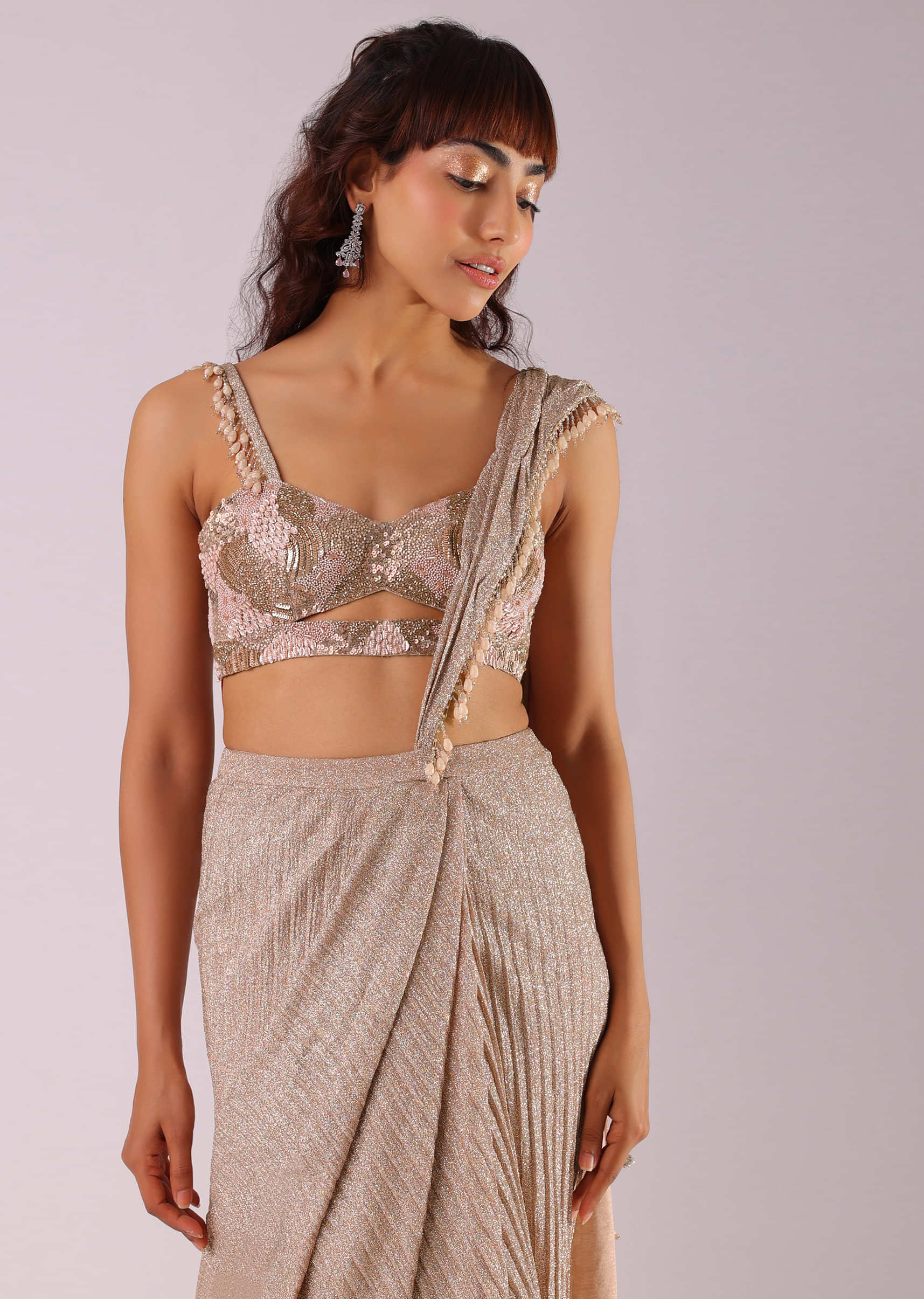 Women Crush Chinon with Multi Sequins work blouse and Waist Belt Saree –